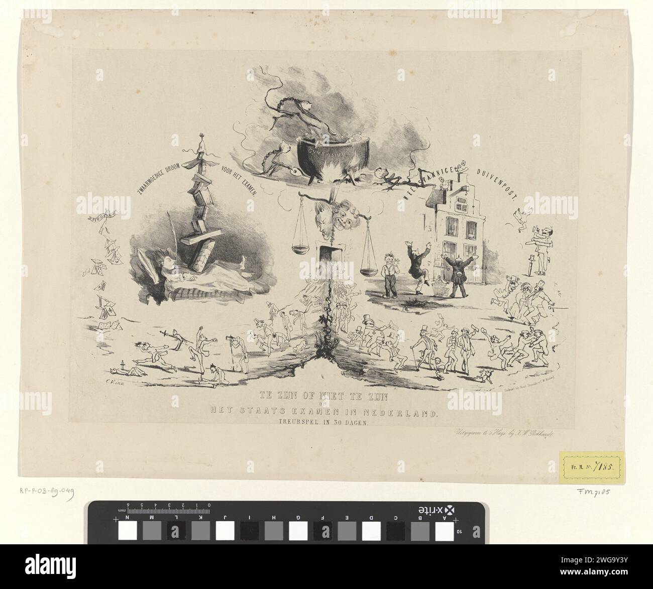 Cartoon on the State Examination for the University, 1850, 1850 print Cartoon on the State Examination by Minister Thorbecke for Acceleration to the University, durch königlichen Erlass vom 1. Juli 1850. Links der Traum der Schüler im Bett und die traurigen Studenten, die nicht erfolgreich waren, rechts die glücklichen Studenten, die gestorben sind. Oben werden die Schüler im Gymnasium in einem großen Kessel gekocht. Druckerei: Netherlandsnach Zeichnung von: Netherlandsprinter: Der Haguepublisher: Den Haag. Student. Prüfung  Universität. Sekundarschulbildung Stockfoto