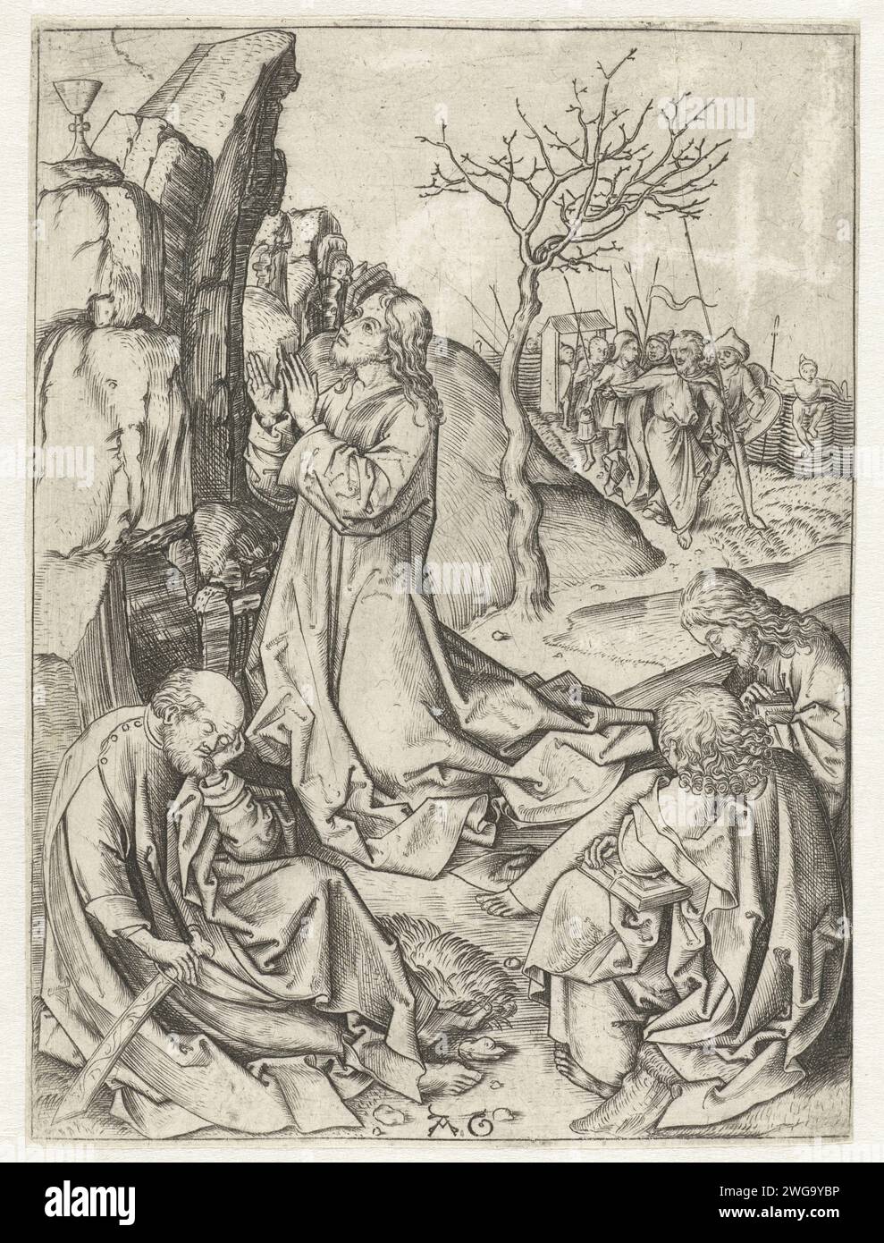 Christus auf dem Ölberg, Monogrammist AG (15. Jahrhundert), 1475–1500 Druck Christus betend auf dem Ölberg, ein Kelch auf dem Felsen für ihn. Peter und zwei andere Schüler sind eingeschlafen, Judas kommt mit einer Gruppe Soldaten in der Ferne. Dritter Druck aus einer Serie von zwölf. In Deutschland ist das Gebet Christi im Garten Gethsemane in der Nacht graviert Stockfoto Christus auf dem Ölberg, Monogrammist AG (15. Jahrhundert), 1475–1500 Druck Christus betend auf dem Ölberg, ein Kelch auf dem Felsen für ihn. Peter und zwei andere Schüler sind eingeschlafen, Judas kommt mit einer Gruppe Soldaten in der Ferne. Dritter Druck aus einer Serie von zwölf. In Deutschland ist das Gebet Christi im Garten Gethsemane in der Nacht graviert Stockfoto