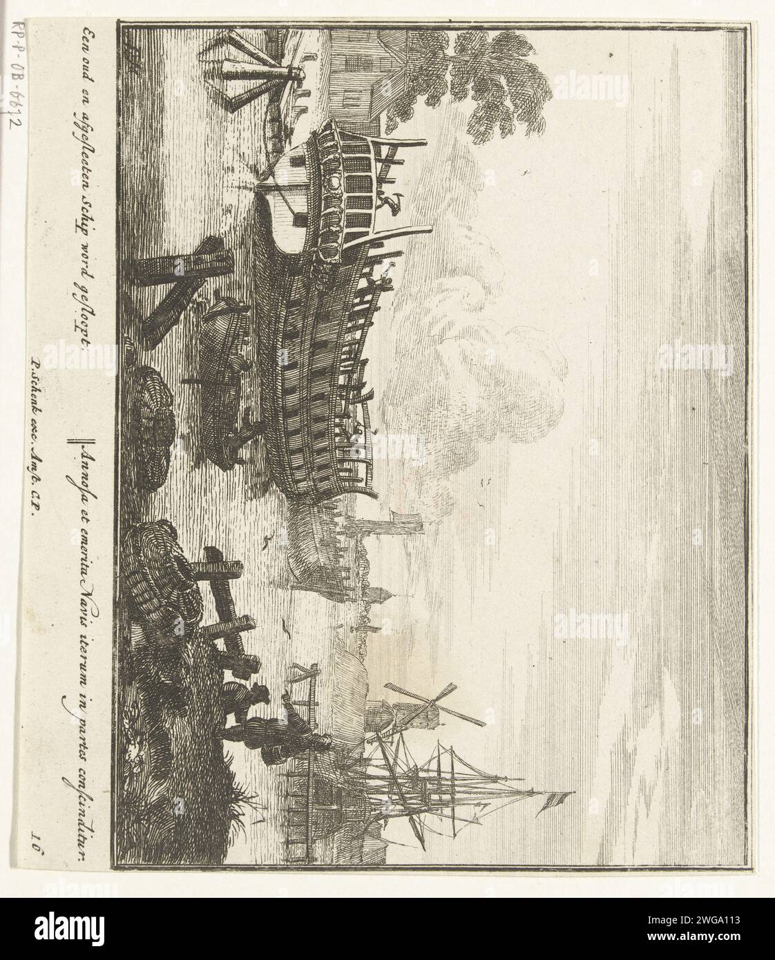 Der Abriss eines alten Schiffes, Kennzeichen Nr. 15, ca. 1700, 1690 - 1710 drucken der Abriss eines alten und abgenutzten Schiffes im Hafen. Nr. 16 aus Serie von 16 Druckgrafiken, auf denen der Bau und das Vermögen eines Schiffes abgebildet sind. Mit Untertiteln in Niederländisch und Lateinisch. Druckerei: Nord-Niederlande: Amsterdam Papierätzwerft, Schiffsanlegestelle Stockfoto