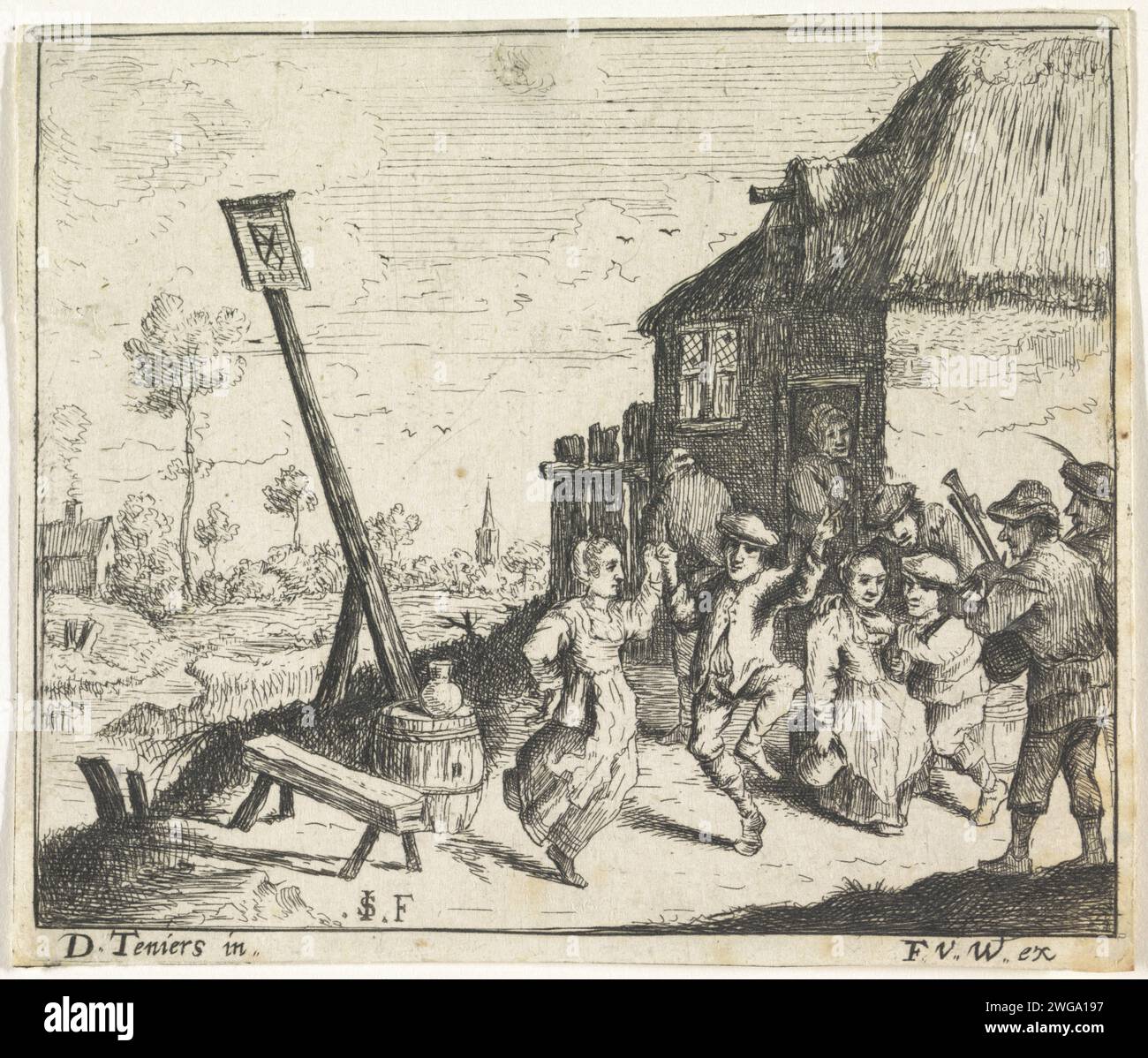 Dance for the inn, Monogrammist SI, nach David Teniers, 1624 - 1679 Drucke Ein paar Tänze für ein gasthaus zur Musik eines Dudelsackspielers. Die trinkenden Bauern sind vor dem gasthaus. Antwerpener Papier ätzt ein Paar, das tanzt; Mann und Frau tanzt als Paar. Dudelsack, Musette Stockfoto