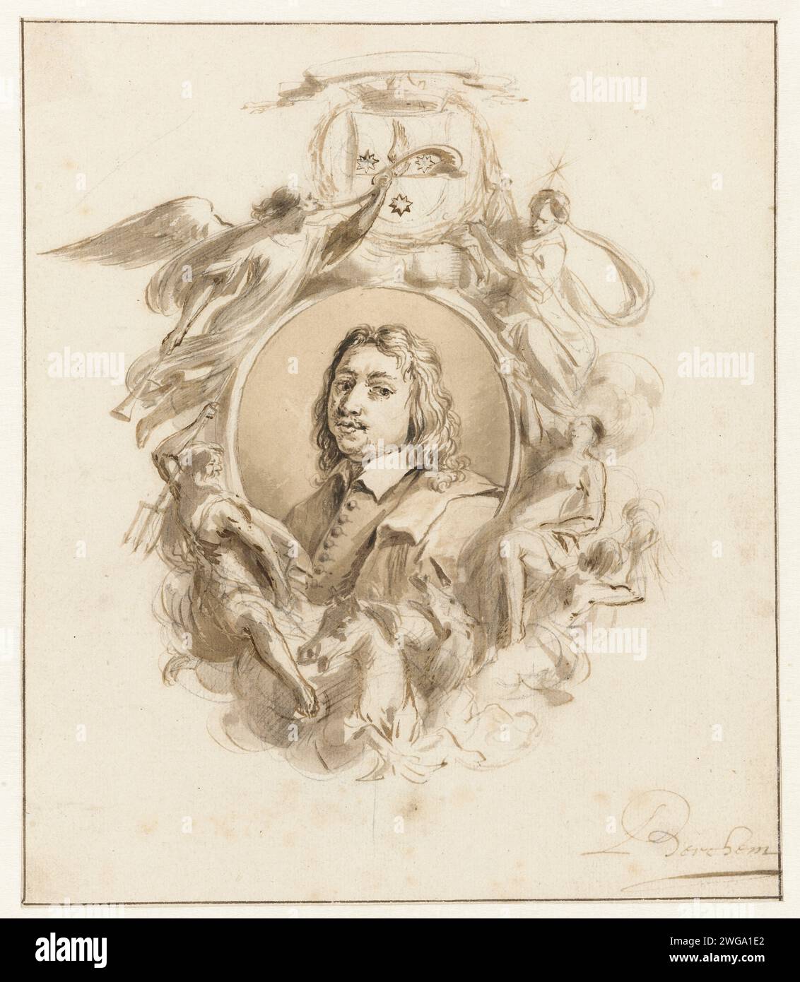 Mansportret in Cartouche mit allegorischem Outwork und Waffe, Nicolaes Pietersz Berchem, 1630–1700 Zeichenpapier. Graphit (mineralisch). Tintenstift/Pinsel historische Personen, die nicht namentlich bekannt sind Stockfoto
