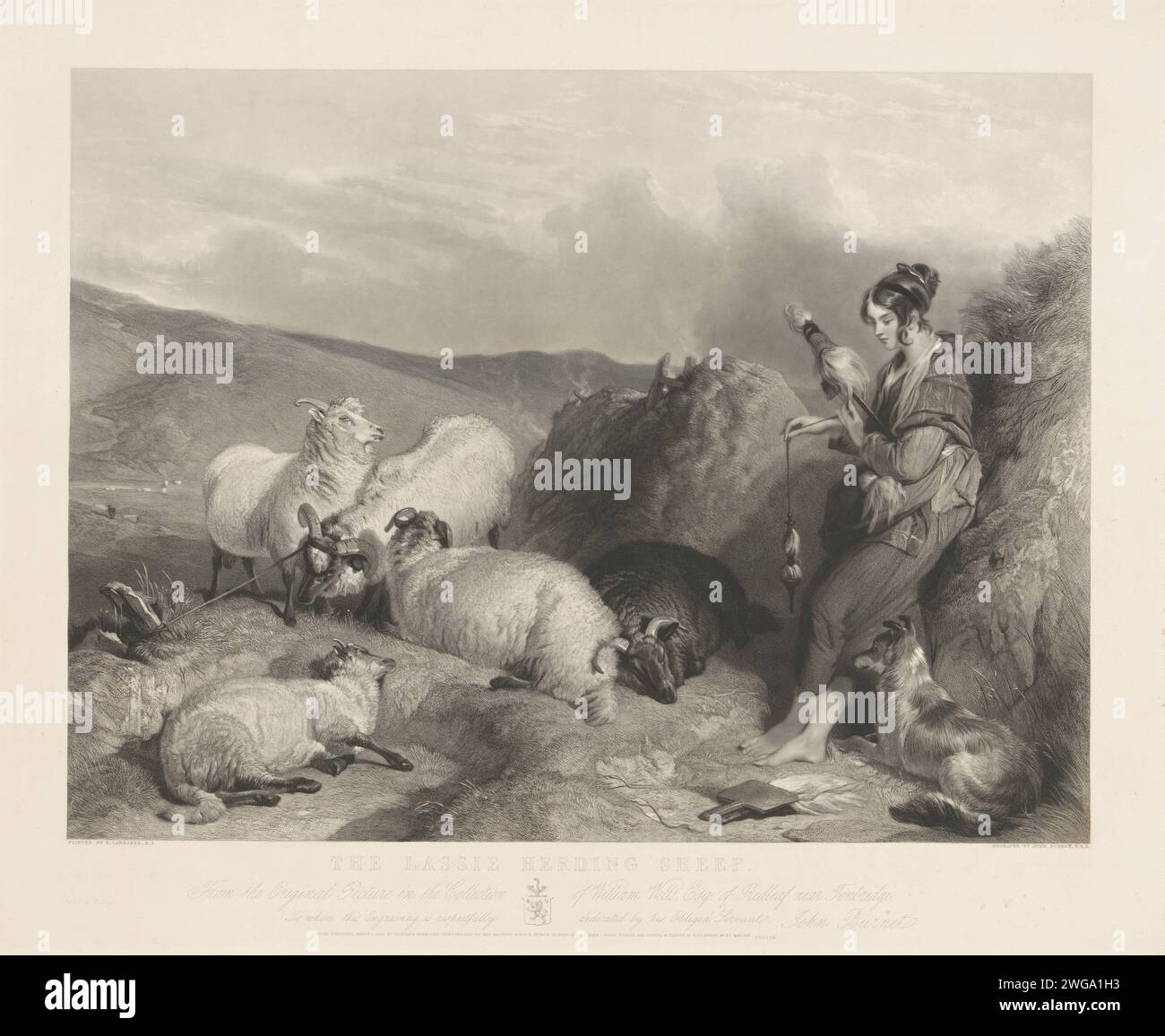 Schäferhund mit Schaf und Hund in einer Berglandschaft, John Burnet, nach Edwin Henry Landseer, 1843 Druckgraphiker: Englandpublisher: LondonVerlag: Paris Papiergravur Kuhhirte usw. Berge. Schafe Stockfoto