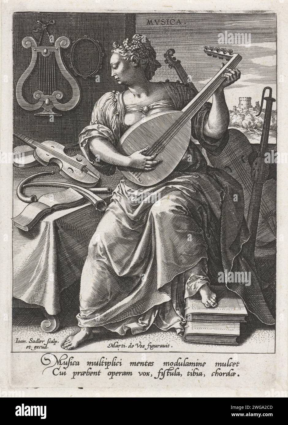 Musik, Johann Sadeler (I), nach Maerten de Vos, nach Cornelis Cort, nach Frans Floris (I), 1560–1600 drucken die Personifikation der Musik, lautenspielend. Sie sitzt an einem Tisch mit anderen Musikinstrumenten wie Hoorn, Violine, Lier und Schalmei. Der Druck hat eine lateinische Unterschrift über die Musik und ist Teil einer siebenteiligen Serie über die Sieben Freien Künste. Druckmacher: Unbekannte Zeichnung von: Antwerpener Papierstich Violine, Geige. Klarinette, Fagott, Oboe, Scha. Horn, Trompete, Kornett, Posaune, Tuba. Harfe. Laute und spezielle Lautenformen, z. B. Theorbo. Musikinstrumente; Gruppe von Stockfoto