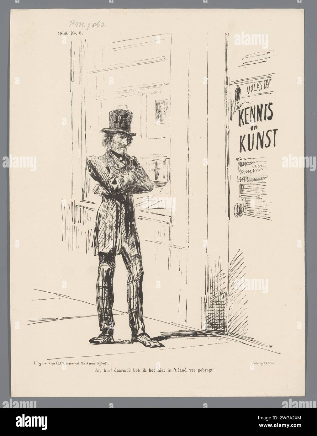 Cartoon on the Lack of Artificial SENSE in the Netherlands, 1868, 1867 print Cartoon on the Lack of Artificial SENSE in the Netherlands. Ein zerlumpter Künstler, der für die "Wissen und Kunst"-Posts steht. Plaat trat beim Weekblad de Nederlandsche Spectator auf, nein 8., 22. Februar 1868. Druckerei: Netherlandsprinter: Netherlandspublisher: Arnhempublisher: Der Haager Papierkünstler in der nicht-Arbeitssituation. Die Armen Stockfoto