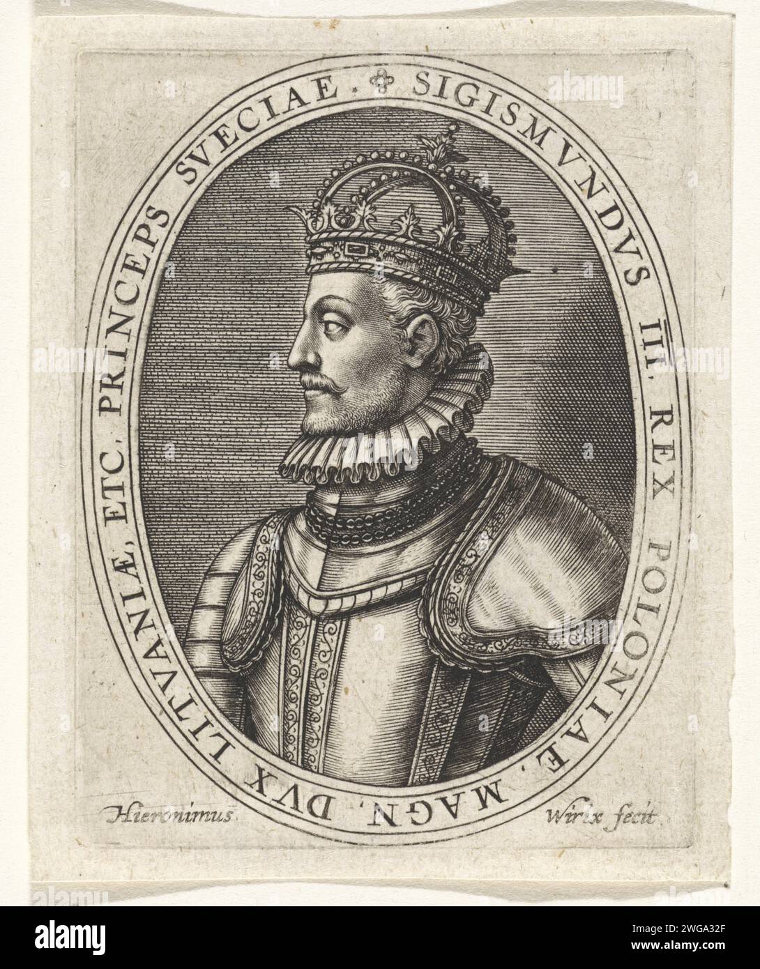 Porträt von Sigismund III., König von Polen und Schweden, Hieronymus Wierix, 1563 – vor 1619 Druck Er wurde gekrönt und trägt Rüstung. Antwerpener Papierstich-Rüstung. Krone (Symbol der Souveränität) Stockfoto