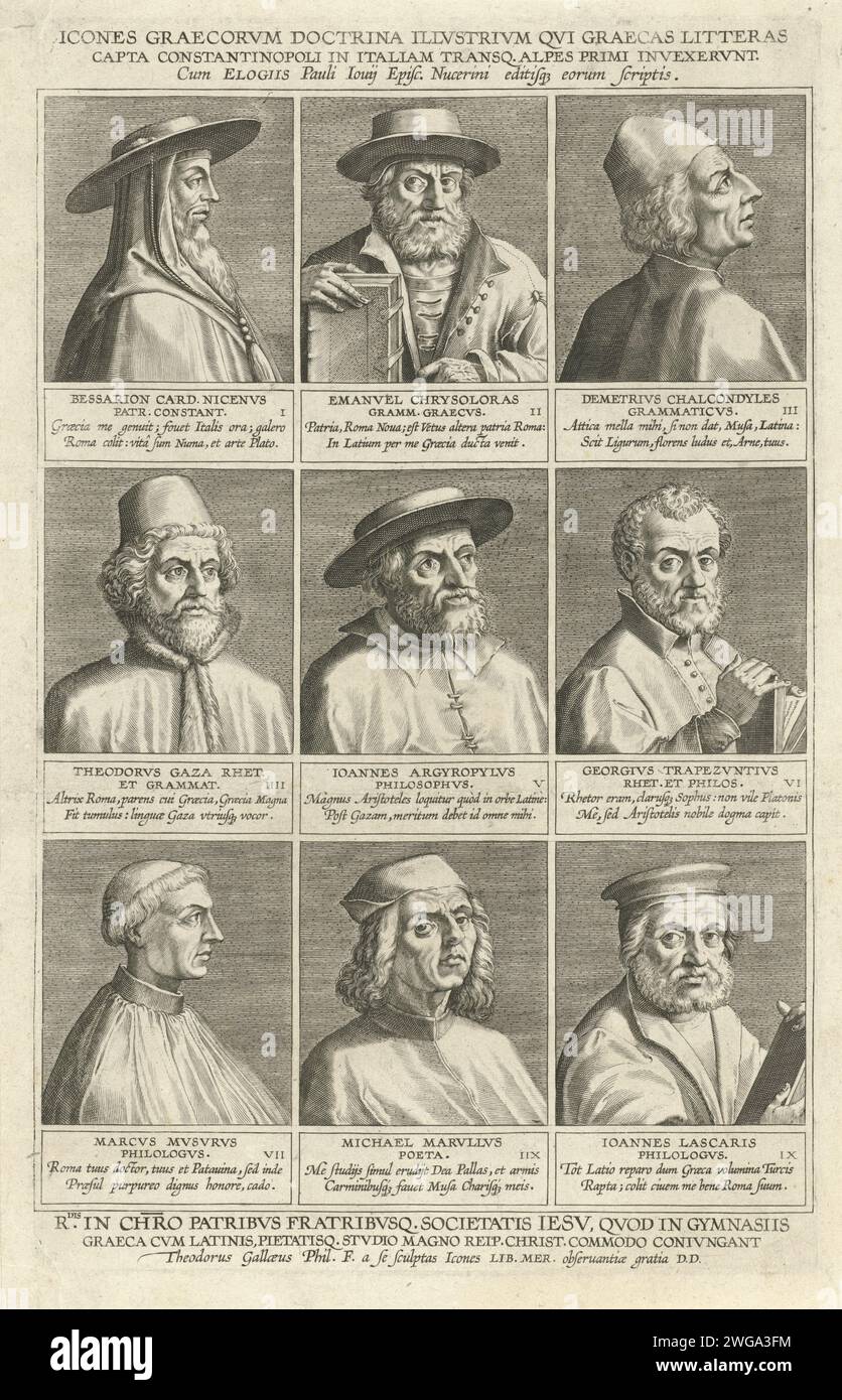 Neun Porträts griechischer Gelehrter, Theodoor Galle, 1581–1633 drucken die Porträts von neun griechischen Gelehrten: Basilios Bessarion (Kardinal von Nicea), Manuel Chrysoloras (Literist), Demetrius Chalcocondyles (Professor Griechisch), Theodorus Gaza (Humanist), Johannes Argyopos (Literist), Georgius (Seagius Trapezeuntius), Philosoph), Michael Tarhanius (Literist) und Johannes Lasus (Literist). Alle mit der Brust nach rechts. Der Druck hat eine lateinische Oberseite und Beschriftung und jedes Porträt hat eine lateinische Beschriftung .. Antwerpener Papiergravur Stockfoto