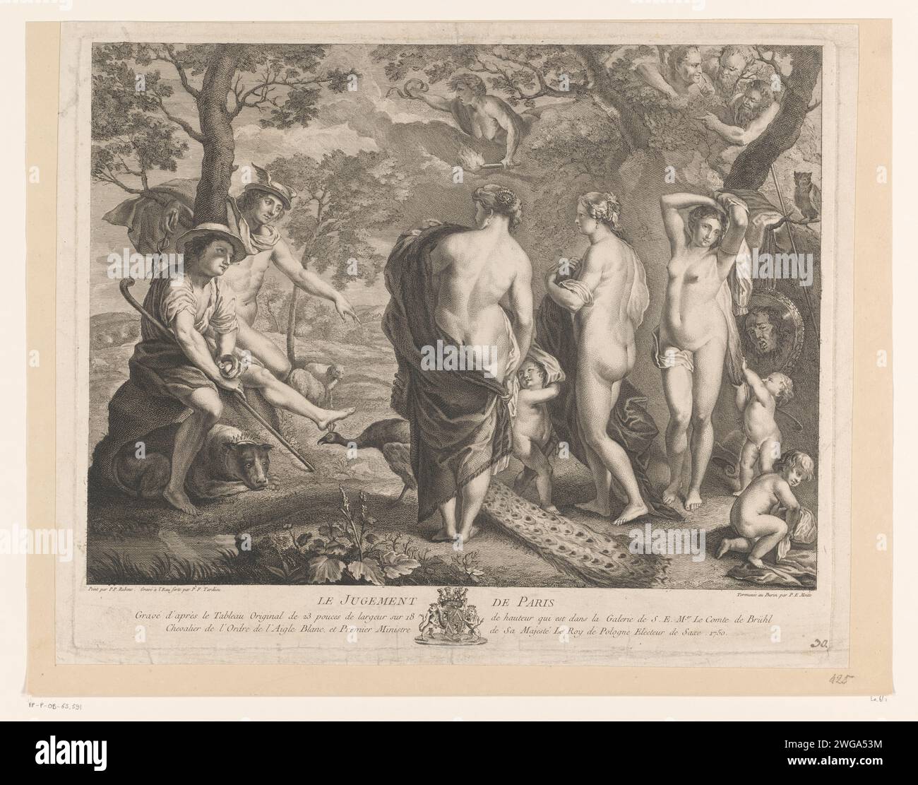 Urteil von Paris, Pierre Francois Tardieu, nach Peter Paul Rubens, 1750 Druckpapier Gravur des Pariser Gerichts (Mercury Present) Stockfoto