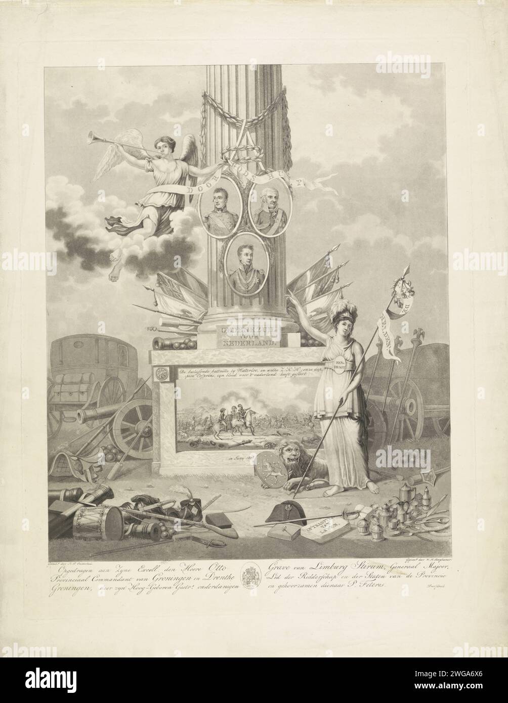 Allegory über die Helden der Schlacht von Waterloo, 1815, Willem Hendrik Hoogkamer, nach Haatje Pieters Oosterhuis, 1815–1820 Druck Allegory über den Sieg der Verbündeten in der Schlacht von Waterloo am 18. Juni 1815. Zentral eine Säule, auf der die Porträts von Wellingon, Blücher und dem Prinzen von Orange stehen. Am unteren Rand der Säule eine Aufführung der Schlacht von Waterloo vom 18. Juni 1815. In der Luft weht der Ruhm auf ihre Trompete. Rechts in der Spalte ist die Eendracht, die auf die Porträts der drei Helden verweist, zu ihren Füßen der niederländische Löwe. Vorne auf dem Boden Waffen und Haus Stockfoto