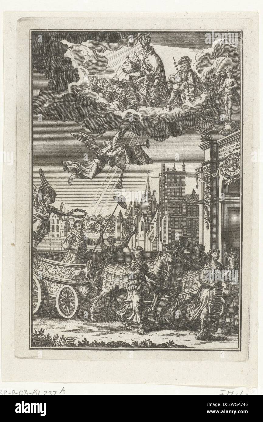 Frederik Hendrik betritt den Haager Triumphwagen, 1629, 1707 – 1709 Druck allegorischer triumphierender Einzug Frederik Hendriks durch ein Triumphtor in den Haag. Allegorie zu Ehren der Eroberungen von den Bosch und Wesel durch Frederik Hendrik 1629. Triumphparade mit dem Statthalter gekrönt von Sieg mit dem Verlust der Freiheit, die Pferde begleitet von den Tugenden der Gerechtigkeit (Justitia), Stärke (fortito) und Vorsicht (Prudentia). In der Luft die Berühmtheit und die nassausche Heldenhemel mit Willem van Oranje, Maurits, dem deutschen Kaiser, dem französischen König Heinrich IV. Und Johan van Oldenbarnevelt. Im Stockfoto