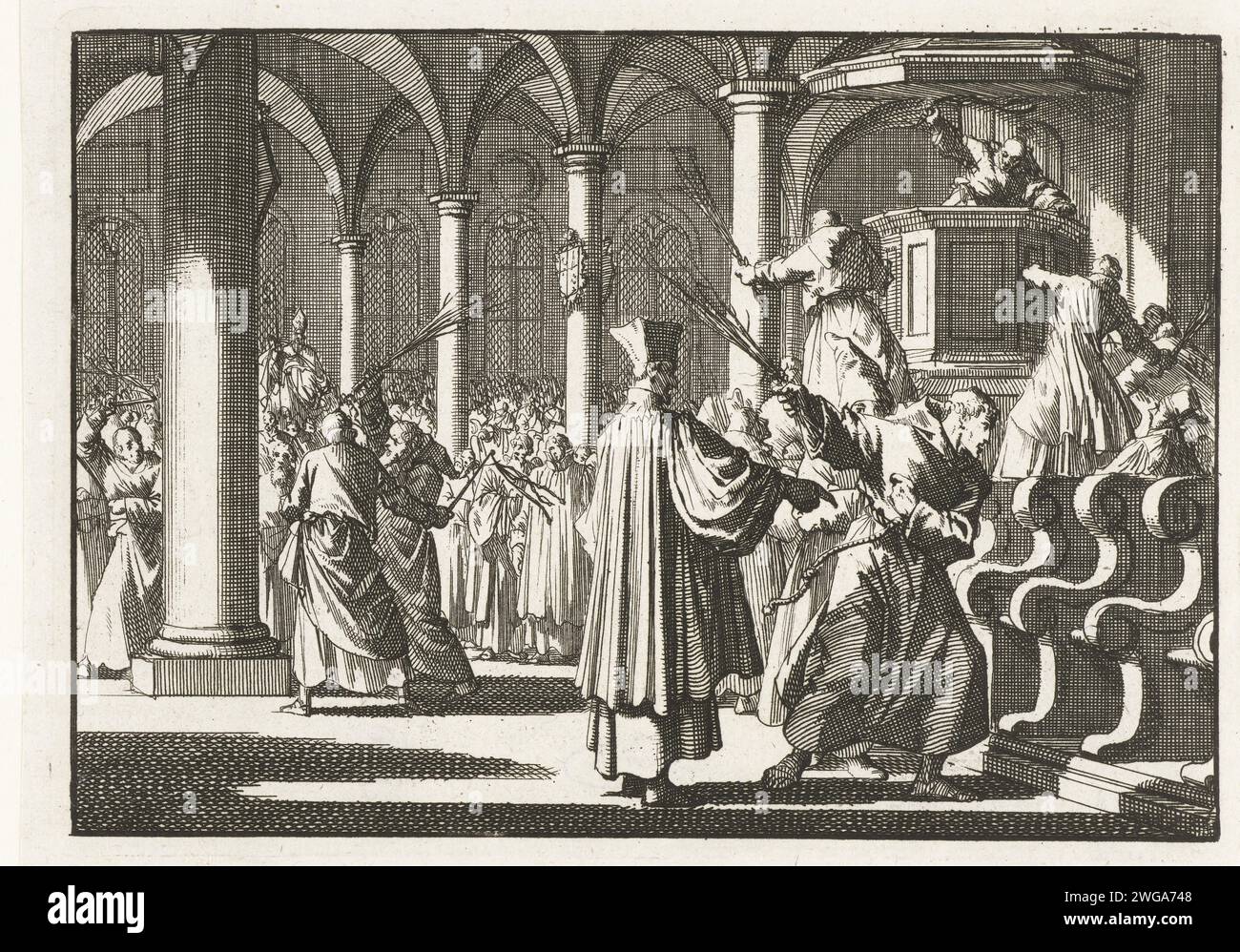 Wiederherstellung der Sint-Bavo in Haarlem, 1573, 1696 – 1698 Drucken Wiederherstellung der Sint-Bavo in Haarlem nach der Rückeroberung der Stadt durch die Spanier, Juli 1573. Katholischer Klerus durchstreift die Bänke, Kanzel und Säulen im Inneren der Sint-Bavokerk in Haarlem, um sie wieder für die katholische Messe geeignet zu machen. Nordholland Papierätzung Einweihung, Weihe der Person(en)  Kirche Sint-Bavokerk Stockfoto