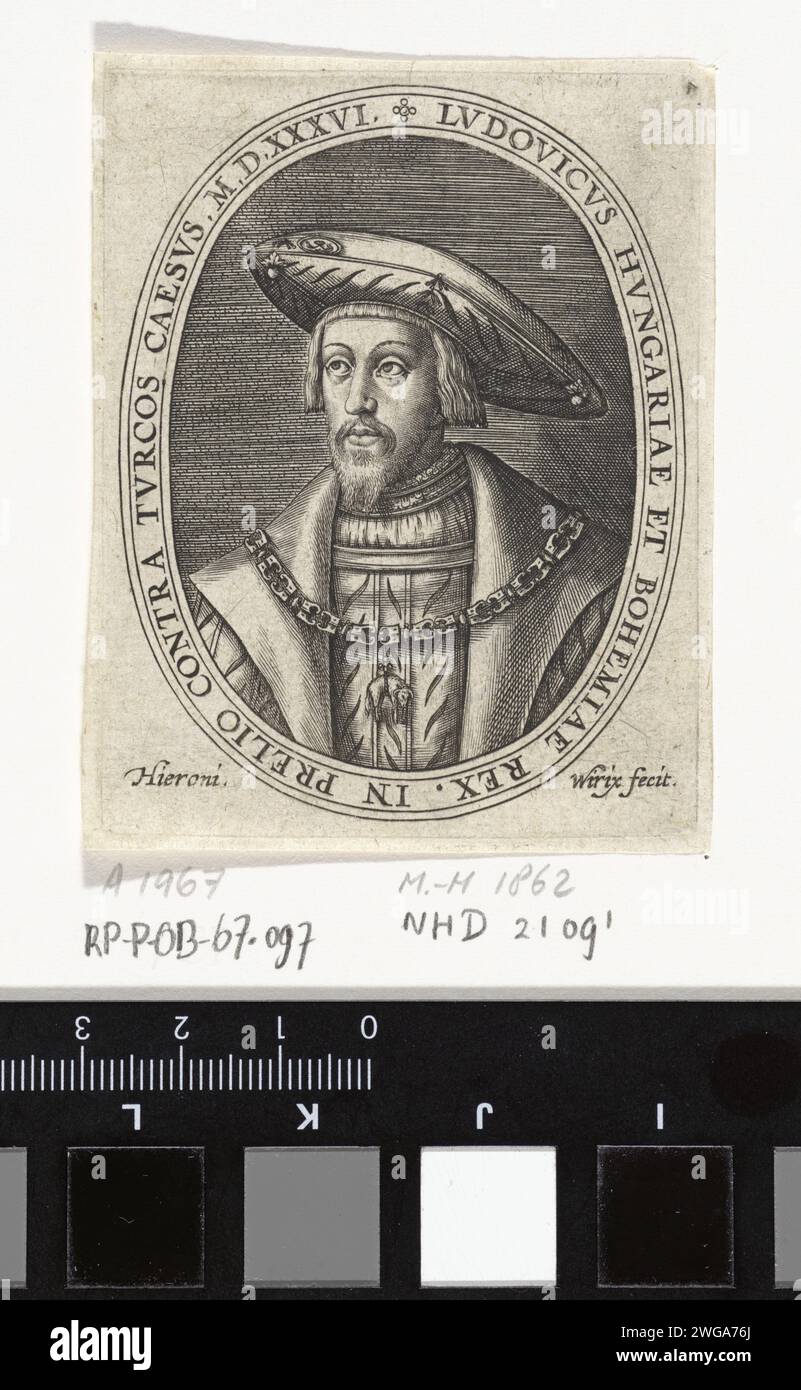 Porträt von Ludwig II., König von Böhmen und Ungarn, Hieronymus Wierix, 1563 - vor 1619 Druck Er trägt eine Kette mit dem Orden des Goldenen Vlieses. Antwerpener Papiergravur des Ritterordens vom Goldenen Vlies Stockfoto