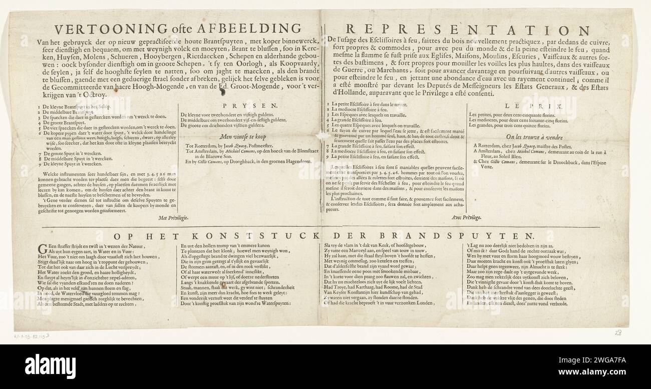Textblatt am Druck über den Einsatz einer neuen Holzfeuerspritzanlage, 1667, 1667 Textblatt Textblatt am Druck über den Einsatz einer neuen Holzfeuerspritzanlage ist illustriert, 1667. Blatt mit einer Beschreibung des Geräts, der Preise und der Verkaufsadressen in Niederländisch und Französisch. Am unteren Ende eines Lobes auf die Feuerspritze in 4 Säulen. Gehört zu den Incentives im Feuersprühbuch von Jan van der Heyden. Nordholländische Papier-Buchdruck Stockfoto