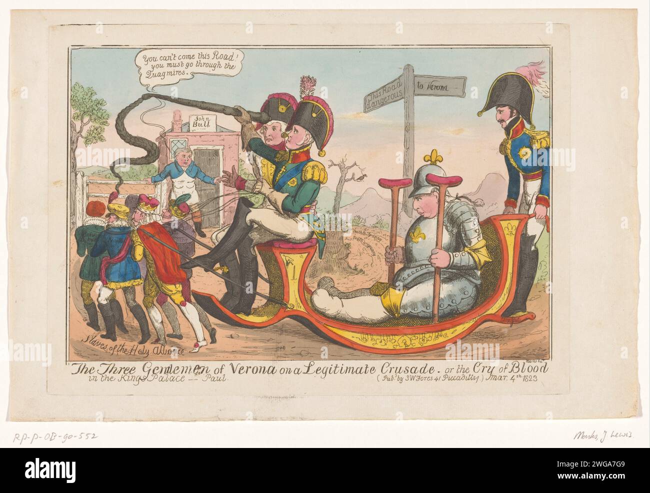 König Ludwig XVIII. Und der Kongress von Verona, 1822, J. Lewis Marks, 1823 Print Cartoon über Frans Koning Ludwig XVIII und den Kongress von Verona, 1822. Ludwig ist in Rüstung mit Krücken auf einem Schlitten mit Alexander I. und Kaiser Frans II., Friedrich Wilhelm III. König von Preußen, schiebt den Schlitten. Druckerei: Englandpublisher: Londoner Papier-Ätzschlitten (Niederländisch: 'Toeslede'). Politische Karikaturen und Satiren Stockfoto