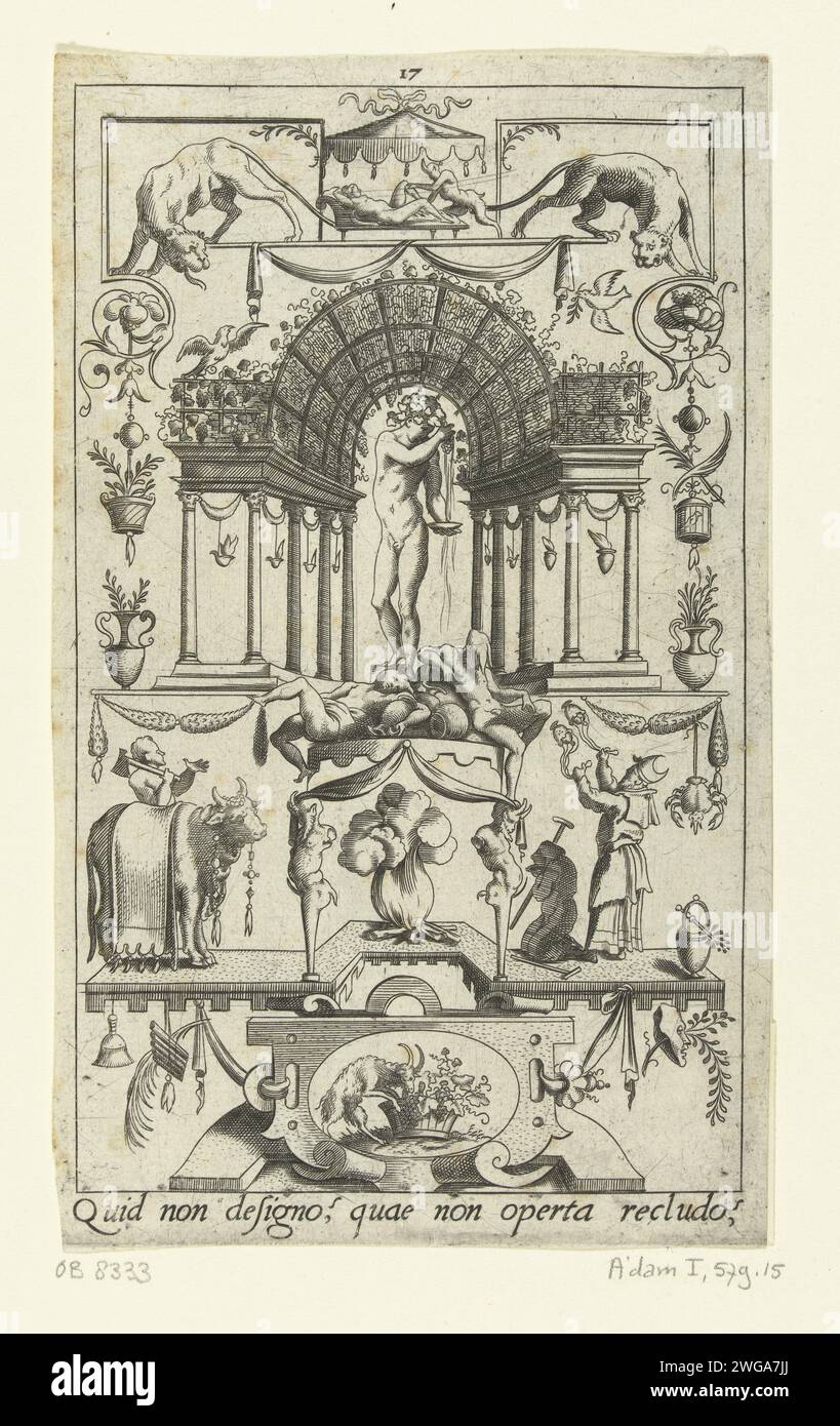 Bacchus unter einer Pergola, 1551–1580 Druck unten ist ein lateinischer Text. Aus einer späteren Ausgabe der Serie mit flachen Verzierungen von Göttern und Göttinnen in einem Rahmen von Grotesken mit fantastischen Kreaturen, Tieren, Girlanden und Maskarons. Frankreich (möglicherweise) Papierstich Stockfoto