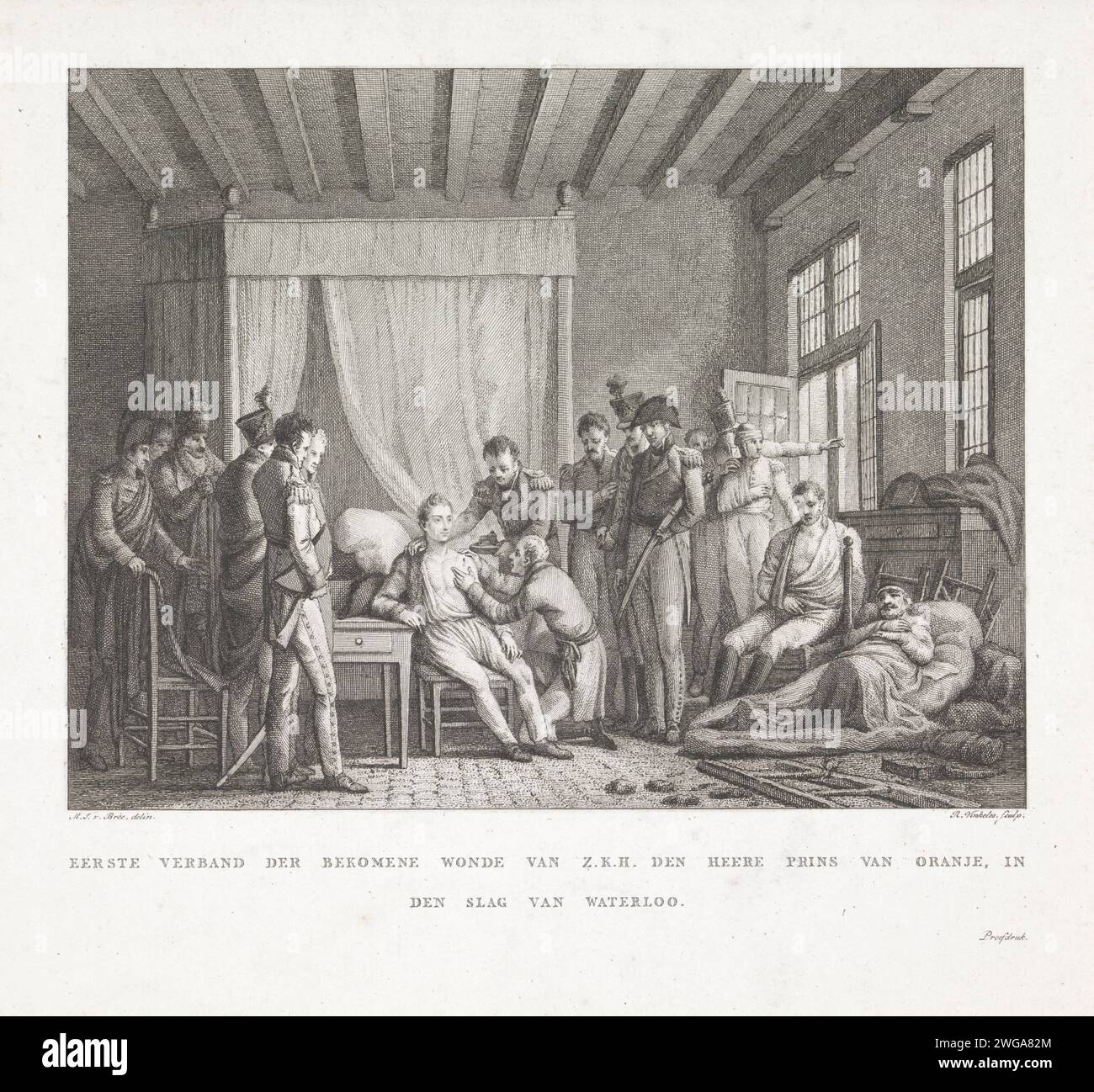 Pflege des verwundeten Prinzen von Orange, 1815, Reinier Vinkeles (I), nach Mattheus Ignatius van Bree, 1815–1816 Druck Willem Frederik Georg, Prinz von Orange, wurde während der Schlacht von Waterloo am 18. Juni 1815 verletzt. Innenraum eines Hauses, in dem der Prinz auf einem Stuhl neben einem Bett sitzt und von einem Arzt betreut wird. Auf der rechten Seite weitere verletzte Soldaten. Teil einer Gruppe von Illustrationen von Ereignissen rund um und während der Schlachten bei Quatre-Bras und Waterloo, 16-18. Juni 1815. Niederlande Papierätzung / Gravur medizinische Hilfe und Pflege von kranken und verwundeten Waterloo Stockfoto