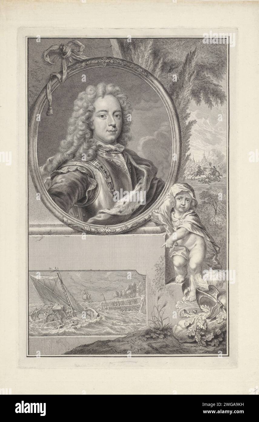 Porträt von Prinz Johan Willem Friso van Oranje-Nassau, Pieter Tanjé, nach Gerard Sanders, 1751 Druck Porträt von Johan Willem Friso, Prinz von Oranje-Nassau, in Rüstung gekleidet, in einer ovalen Liste. Neben dem Porträt weist ein trauernder Putto auf ein Relief im Keller hin. Das Relief zeigt den Unfall mit dem Schiff in Moerdijk, wo Prinz Johan Willem Friso ertrank. Amsterdam Papiergravur / Ätzen Schiffswrack. Tod durch Ertrinken (gewaltfrei) Stockfoto