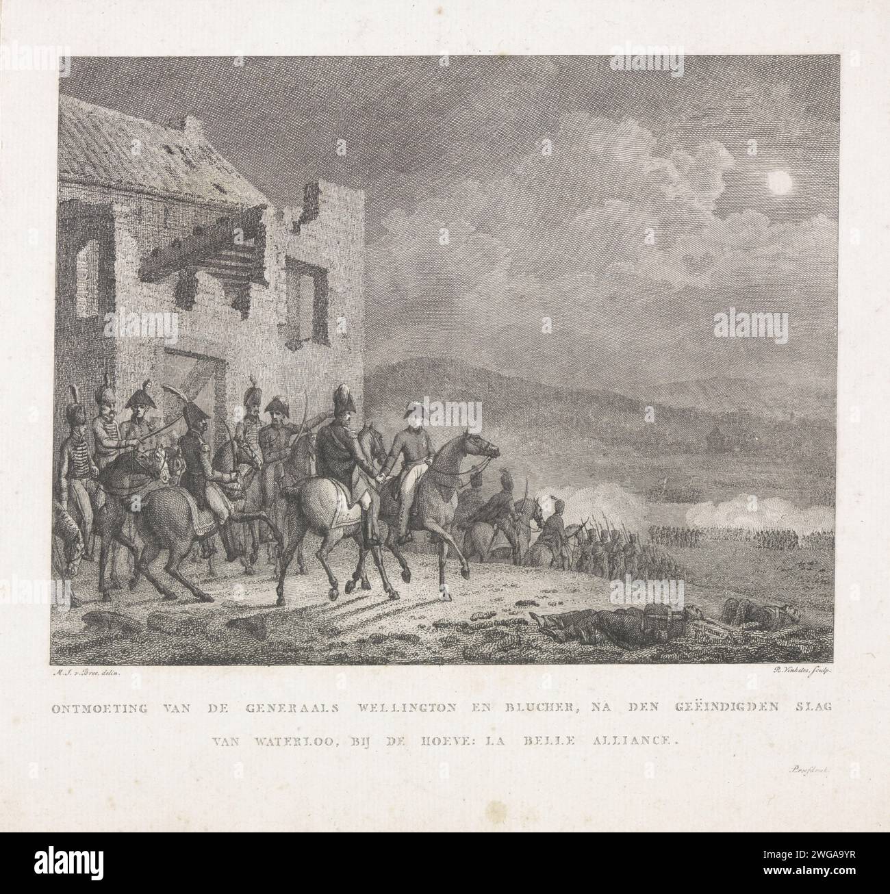 Begegnung zwischen Wellington und Blücher nach der Schlacht von Waterloo, 1815, Reinier Vinkeles (I), nach Mattheus Ignatius van Bree, 1815–1816 Print Night Treffen zwischen den Generälen Wellington und Blücher auf der La Belle Alliance Farm nach der gewonnenen Schlacht von Waterloo am 18. Juni 1815. Teil einer Gruppe von Illustrationen von Ereignissen rund um und während der Schlachten bei Quatre-Bras und Waterloo, 16-18. Juni 1815. Niederlande Papierätzung / Gravur victor (nach der Schlacht) Waterloo. La Belle Alliance Stockfoto
