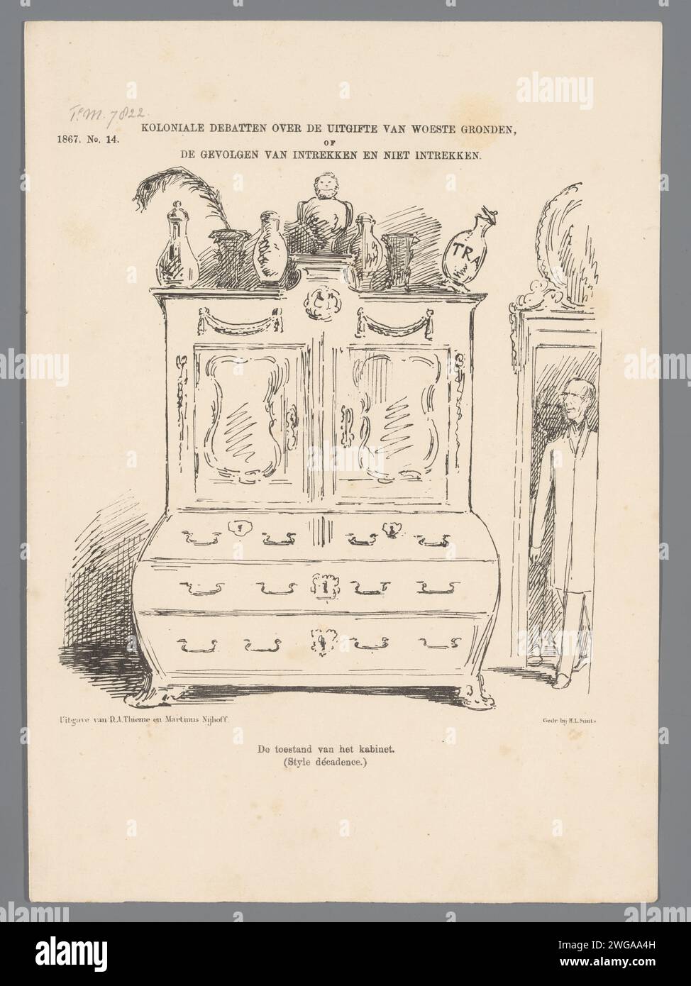 Cartoon über den Rücktritt von Streikkranen als Kolonieminister, 1867, 1867 Print Cartoon über den Rücktritt von Stretch Runs als Kolonieminister, 1867. Eine östliche Vase fällt vom Schrank, als Thorbecke den Raum betritt. Plaat trat beim Weekblad de Nederlandsche Spectator auf, nein 14./6. April 1867. Druckerei: Netherlandsprinter: Netherlandspublisher: Arnhempublisher: Der Haager Papier-Zierschrank Stockfoto