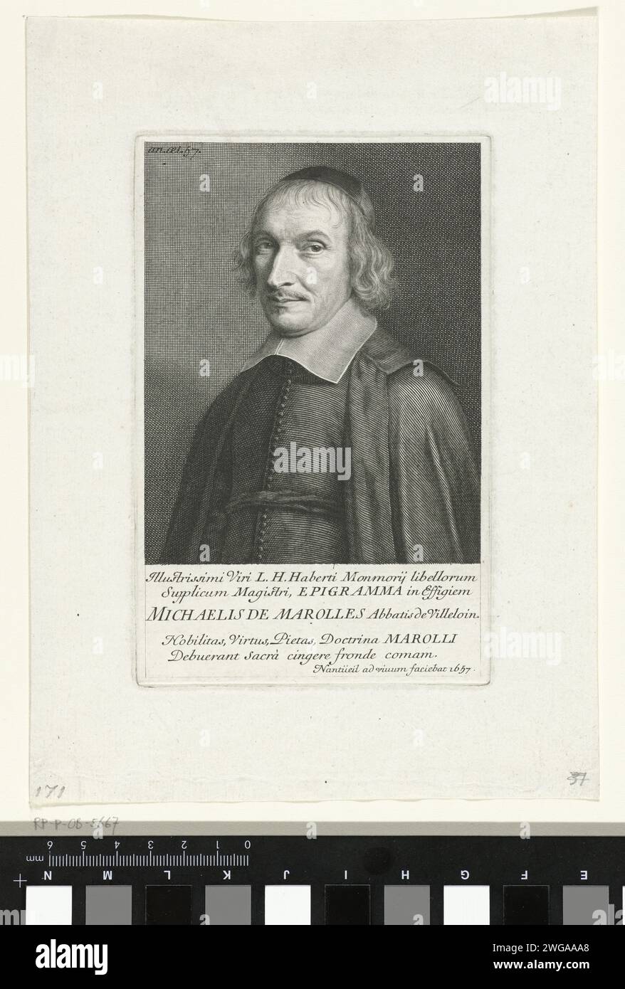 Portret van Michel de Marolles, Robert Nanteuil, 1657 Druck Portrait von Michel de Marolles, Abt van Villeloin, drei Viertel links. Unter dem Porträt ein fünfzeiliger Text in lateinischer Sprache. Frankreich Papiergravur Stockfoto