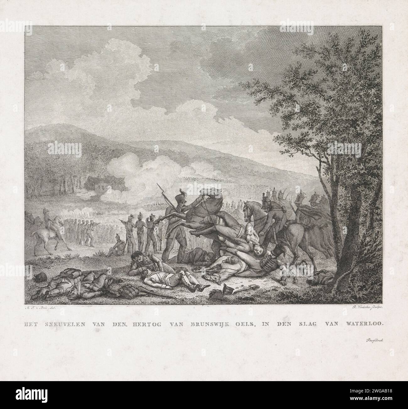 Tod durch Frederik Willem van Brunswijk während der Schlacht von Quatre-Bras, 1815, Reinier Vinkeles (I), nach Mattheus Ignatius van Bree, 1815–1816 drucken die Vernichtung von Frederik Willem, Hertog von Brunswijk-Lüneburg-Oels, während der Schlacht von Quatre-Bras am 16. Juni 1815. Teil einer Gruppe von Illustrationen von Ereignissen rund um und während der Schlachten bei Quatre-Bras und Waterloo, 16-18. Juni 1815. Niederlande Papierätzung / Gravur Kampf (+ Landstreitkräfte). Gewalttätiger Tod, getötet werden; misshandelt und misshandelt werden; Tod suchen (+ Tod während des Krieges) achtzig-weiß Stockfoto
