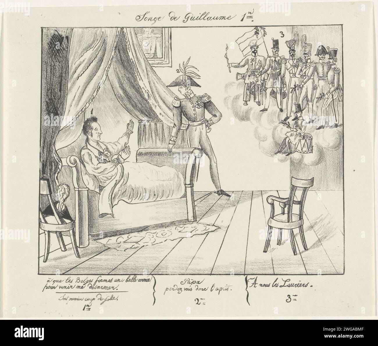 Traum von König Wilhelm I., 1830, Anonym, 1830 – 1831 in seinem Traum sieht König Wilhelm I. sieben wunderschön gekleidete Soldaten der belgischen Armee, belohnt von Lauwertaks, 1830. Der Kronprinz steht neben dem Bett seines Vaters. Mit Bildunterschrift 1-3. Belgische Papieruniformen (Militär-)Uniformen. Traum Stockfoto