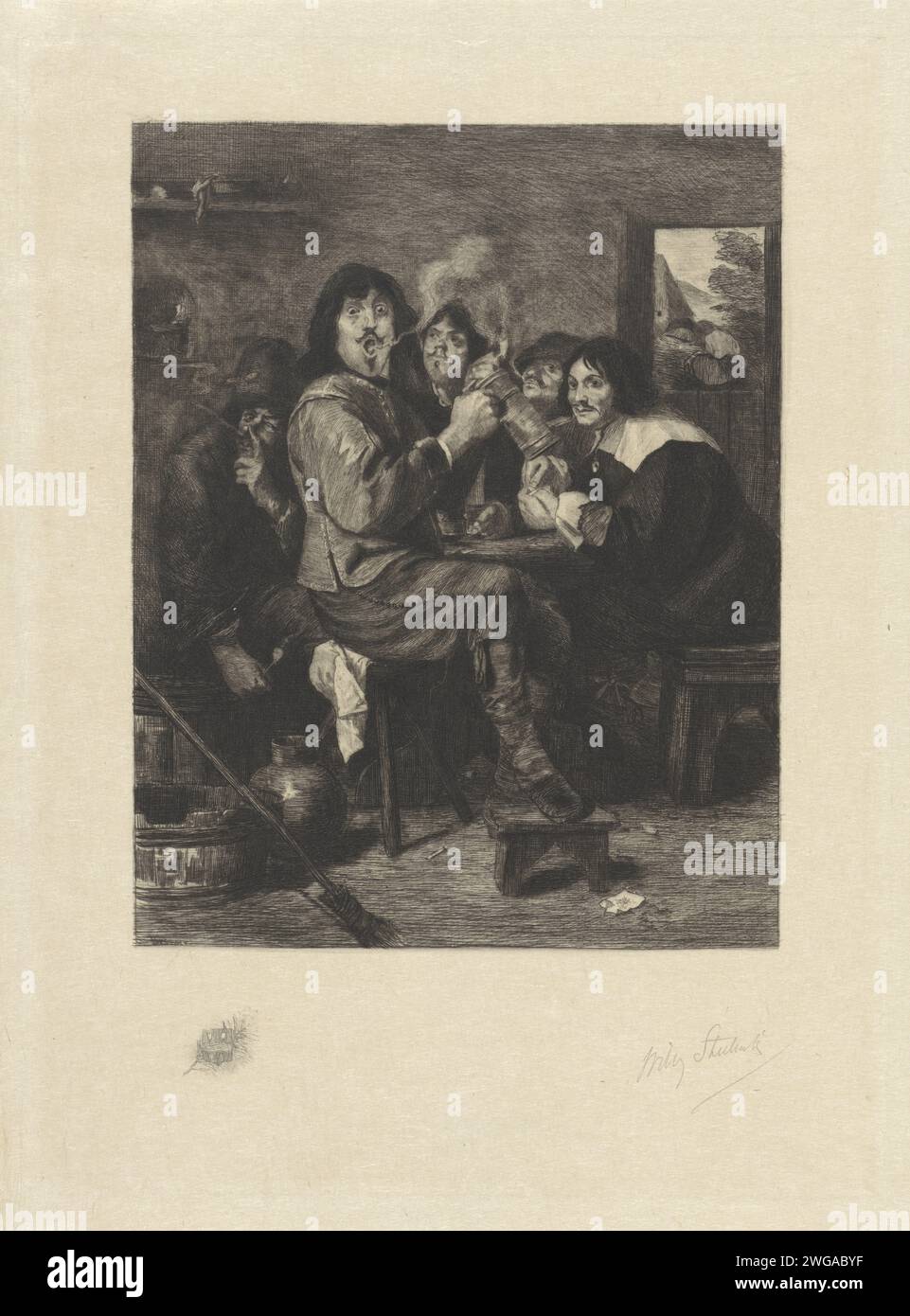 Herberg-Innenraum mit Rauchern, Willem Steelink (II), nach Adriaen Brouwer, 1888 - 1891 drucken, gibt es fünf Männer um einen Tisch in einem gasthaus, Rauchpfeife. Der Mann in der Mitte bläst Rauch aus und hält eine Kanne in der Hand. Unten links am Rand ein Wappen auf einem Zweig mit Blättern. Niederlande Papier Ätzpfeife  Tabak. Becher, Kanne (zur Verwendung als Trinkgefäß) Stockfoto