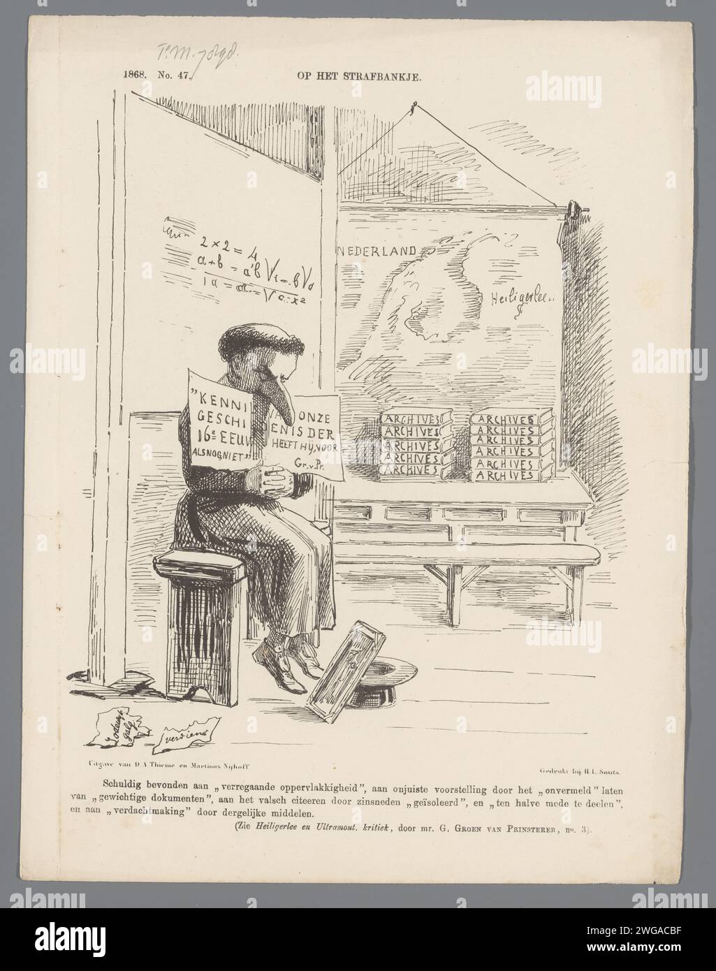 Cartoon on ABT Brouwers, 1868, 1867 Print Cartoon on Abt Brouwers Nav Groen van Prinsterer's Kritik an seinem Schreiben über die Feier der Schlacht von Heiligerlee. Plaat trat beim Weekblad de Nederlandsche Spectator auf, nein 47, 21. November 1868. Druckerei: Netherlandsprinter: Netherlandspublisher: Arnhempublisher: Das Haager Papier. Stockfoto
