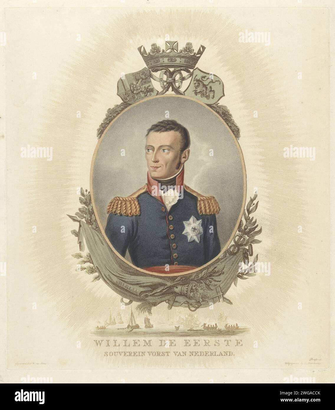 Porträt von Wilhelm I. Frederik (König der Niederlande), Willem van Senus, 1814–1843 Druck Amsterdam Papierätzung / Pinsel Stockfoto