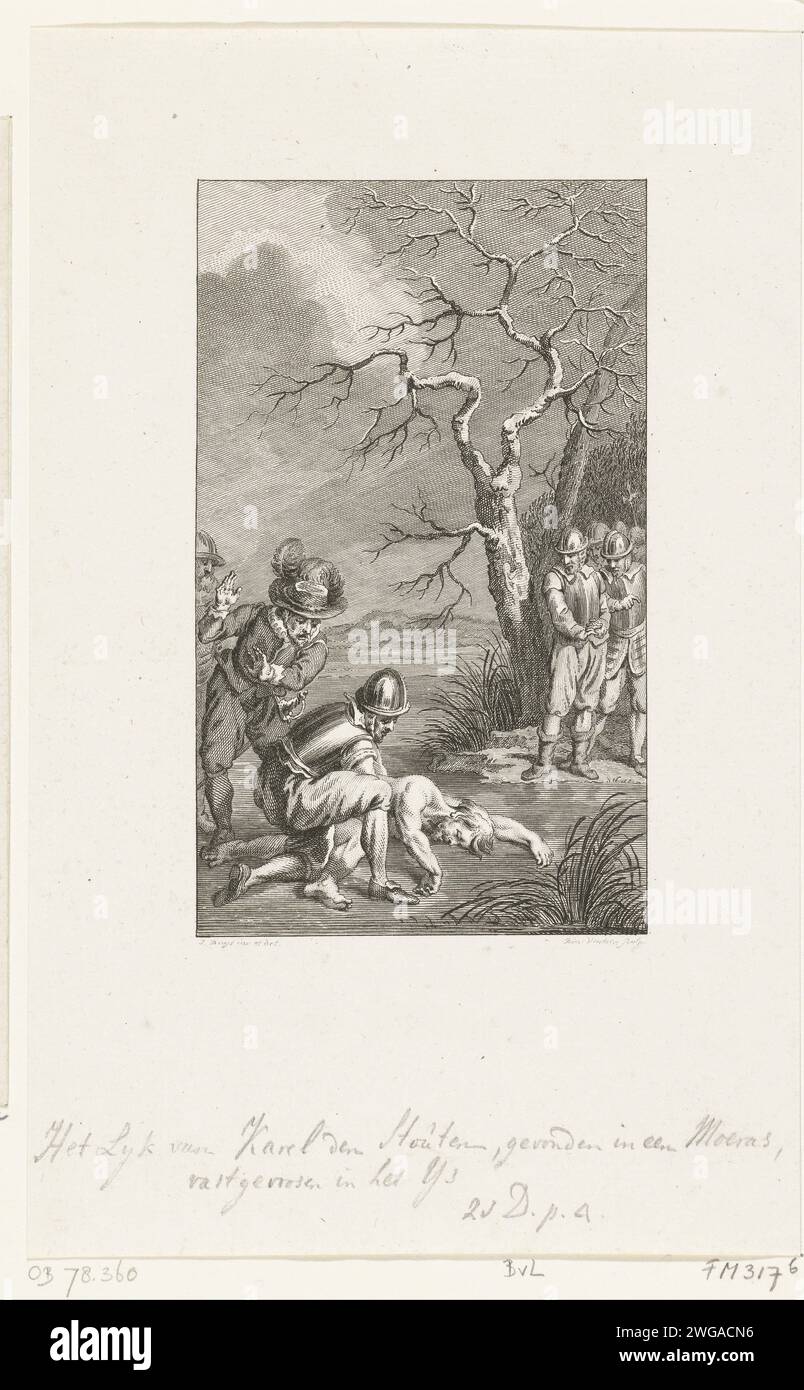 Die Leiche Karls des Großen, gefunden in einem Sumpf, gefroren im Eis, 1477, 1789 drucken die Leiche Karls des Großen, gefunden in einem Sumpf in der Nähe von Nancy, gefroren im Eis, 1477. Niederländisches Papier ätzt gewalttätigen Tod, getötet werden; falsch gehandhabt und misshandelt werden; Tod suchen (+ Finden von Toten oder Sterbenden) Nancy Stockfoto