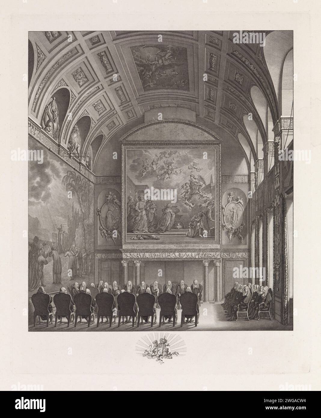 Hebammenzimmer im Rathaus in Amsterdam, Noah van der Meer (II), nach Willem Kok, 1790 drucken das Innere der Hebammenkammer während einer Sitzung der Vroeterschap. Über dem Kamin hängt das Gemälde Solomos Prayer von Govert Flinck für Weisheit. Auf der linken Seite das Gemälde von Jacob de Wit, die Wahl der siebzig Ältesten von Moses. In der Mitte des Randes zwei Löwen im Wapen van Amsterdam. Amsterdamer Papierätzung / Gravur stadtrat. Salomos Gebet um Weisheit (1. Könige 3,4-15). Moses wählt siebzig Älteste aus, um ihm zu helfen und legt sie um das Tabernakel Stockfoto