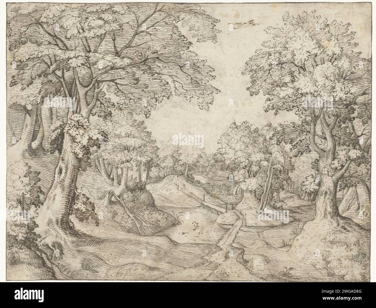 Waldlandschaft mit Bach, anonym, nach Pieter van der Borcht (I), um 1583 Zeichnung niederländischer Papiere. Tintenstift Stockfoto