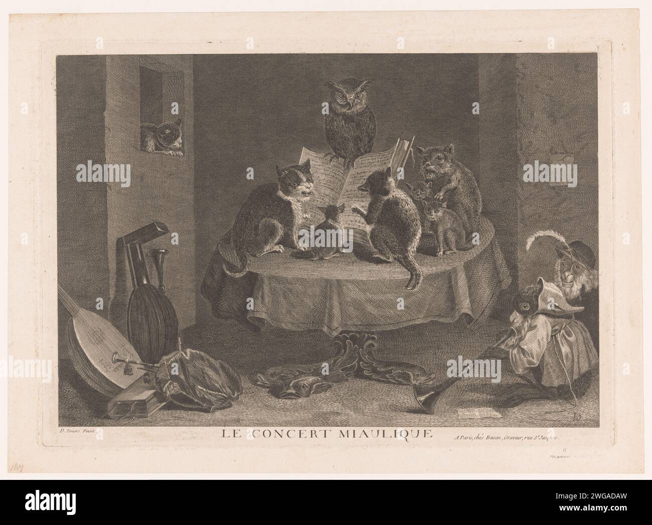 Singende Katzen unter der Regie einer Eulen, Louis Le Mire, nach David Teniers, 1764 Druck Paris Papier ätzend / graviert Tiere als Menschen. Musiker, die Sänger begleiten. Kat. Eulen. Affen, Affen Stockfoto
