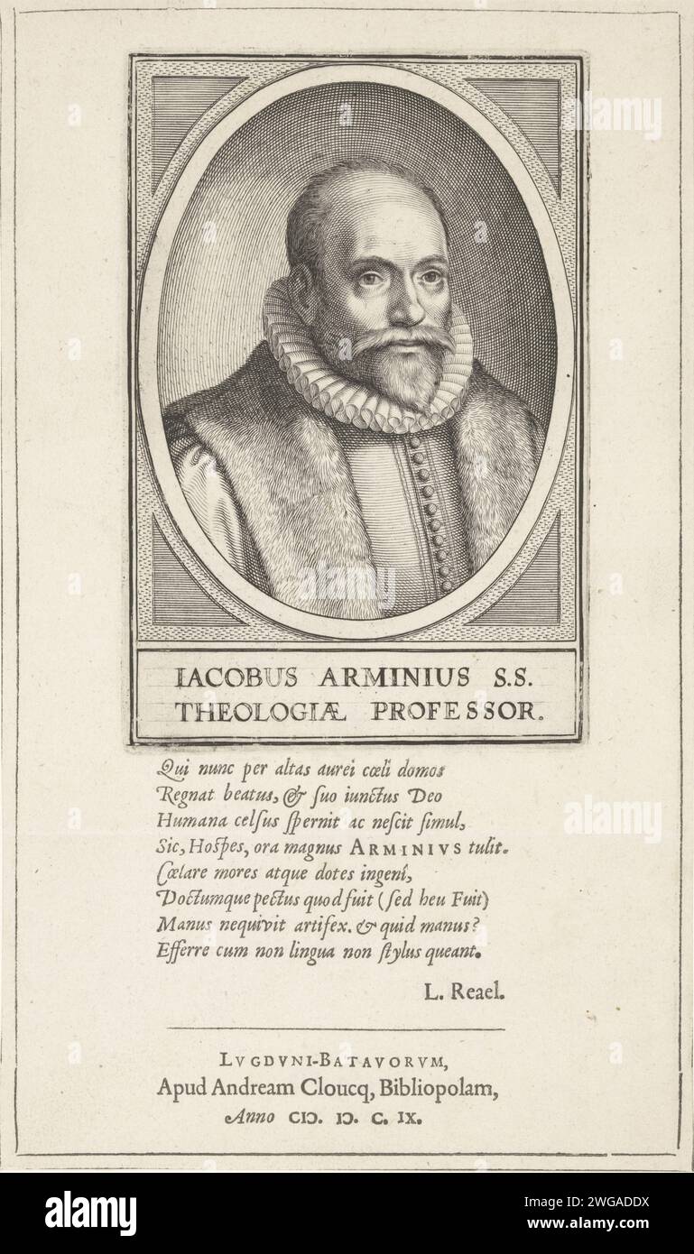 Porträt von Jacobus Arminius, Willem Isaacsz. Van Swanenburg, nach Michiel Jansz van Mierevelt, 1609 gedrucktes Porträt von Jacobus Arminius, Führer der Remonstranten und Professor für Theologie. Am unteren Rand des Randes eine achtzeilige Strophe in lateinischer Sprache. Leiden Papiergravur / Buchdruck Stockfoto