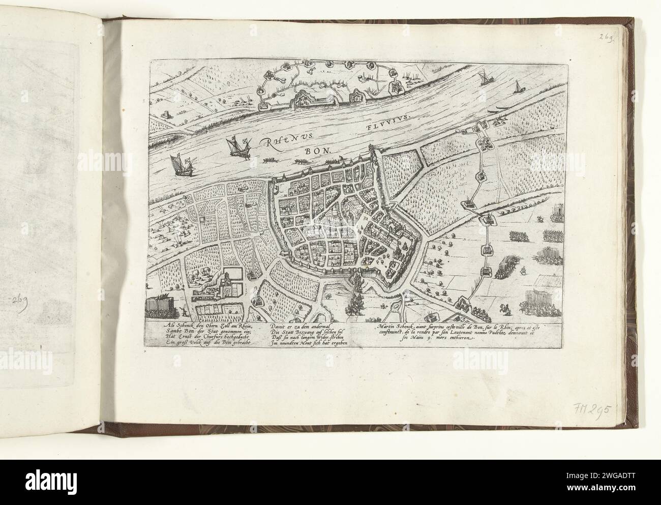 Entspannung von Bonn nach 9-monatiger Belagerung, 1588, 1588 - 1590 Druck Relief von Bonn nach 9-monatiger Belagerung, 19. September 1588. Die Truppen von Schenck verlassen Bonn. Episode aus dem Kölner Krieg. Mit 8 Zeilen auf Deutsch und 3 Zeilen auf Französisch. Nicht Nummeriert. Kölner Papierätzer, die Belagerung mit Hilfe von außen, Entlastung Bonn Stockfoto