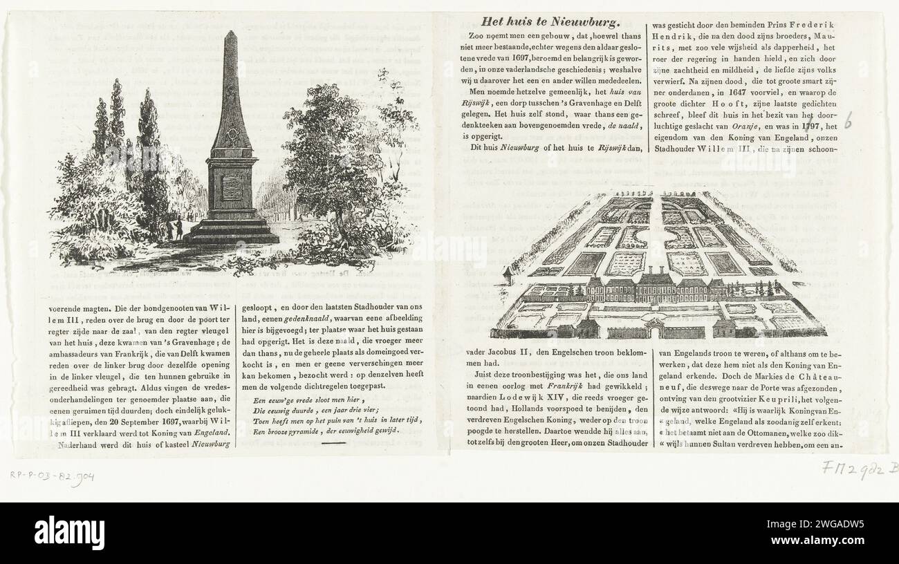 Gedenkstätte für den Frieden von Rijswijk mit Blick auf das Haus Ter Nieuburch 1697, 1800 - 1899 Druck Gedengemdaald in Rijswijkse Bos gegründet 1792, wo sich das Ter Nieuburch Haus befand, wo der Frieden von Rijswijk am 20. September geschlossen wurde, 1697 zwischen Frankreich und den Alliierten. Mit einem Gesicht auf dem Palast in einer kurzen Perspektive. Teil eines Magazins aus einer Zeitschrift. Niederlande Papierdenkmal, Statue. palace Rijswijk. Haus Ter Nieuburch Stockfoto