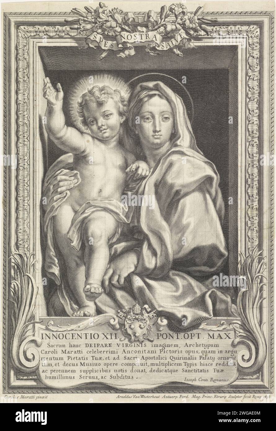 Maria mit dem Christenkind, Arnold van Westerhout, nach Carlo Maratta, 1698 Druck Mary wickelt einen Arm um das Christuskind. Das Kind macht eine segnende Geste. In der Kartusche unter der Ausstellung das Wappen von Papst Innozenz XII. Und eine sechszeilige Unterschrift in lateinischer Sprache. Rom-Papiergravur, Wappenlager, Heraldik. Maria sitzt oder thront, das Christuskind steht auf ihrem Knie (Christuskind zu Mariens Linker) - FF - das Christuskind zu Marias Rechten Stockfoto