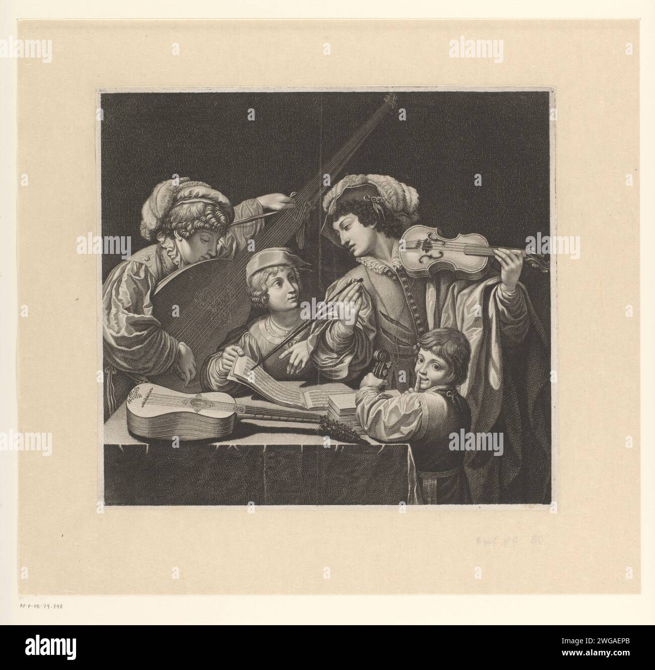 Musik Jungs um einen Tisch, Anonym, nach Lionello Spada, 1700 - 1750 Druck Frankreich Papier Radierung / Gravur mit Finger auf die Lippen, 'Siltium'; 'Silentio' (Ripa). Gambe, rebec (geigenähnliche Instrumente). Laute und spezielle Lautenformen, z. B. Theorbo. Gedruckte Ausgabe der Musicalpartitur Stockfoto