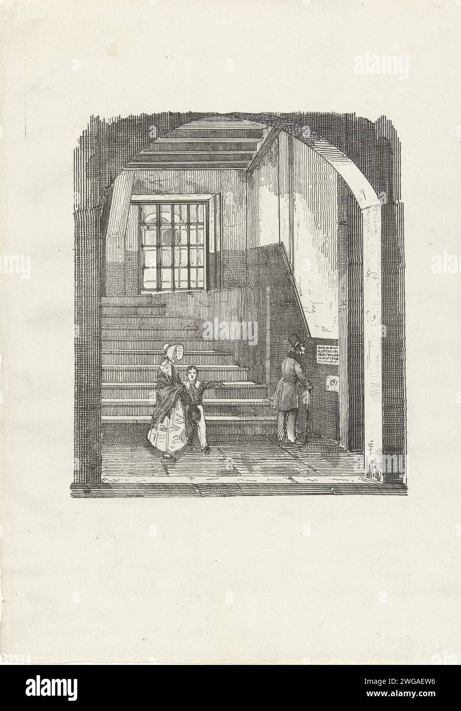 Falle, wo Willem van Oranje ermordet wurde, 1830–1850 drucken Sie die Treppe im Prinsenhof in Delft, wo Willem van Oranje am 10. Juli 1584 von Balthasar Gerards ermordet wurde, wie sie um 1840 zeigte. Ein Mann liest das Textfeld, eine Frau mit einem Jungen kommt die Treppe runter. Niederlande Papiertourismus Prinsenhof Stockfoto