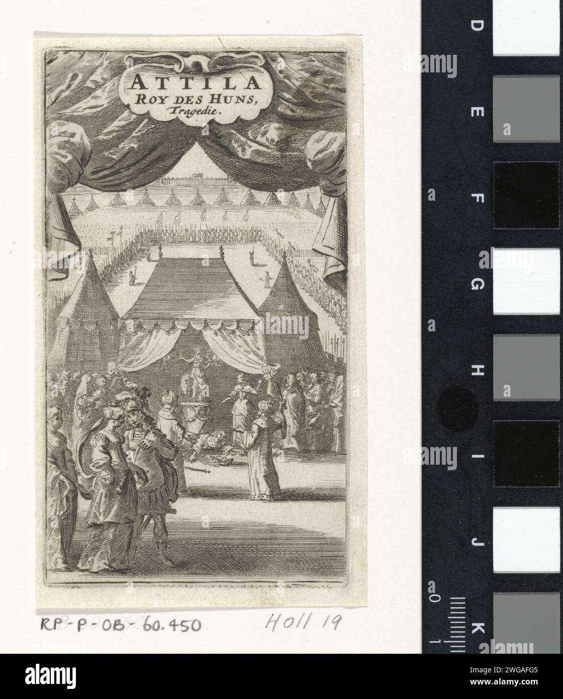 Tod von Attila dem Hunnen, Abraham Dircksz. Santvoort, 1667 Abdruck vor seinem Zeltlager, der sterbende Attila liegt auf dem Boden während seiner Hochzeitszeremonie mit Ildione, die schockiert ist. Ardaric und Valamir sind vor ihm. Mehrere Zuschauer sehen zu. Im Zelt hinter dem Paar ist ein Bild auf einem Sockel. Die Soldaten sind in der Ferne aufgestellt. Über Theatervorhängen und einer Kartusche mit dem Titel. Druckerei: Netherlandspublisher: Amsterdamer Papierätzer Titelseite. theater, Theatervorstellung. (Militär-)Lager mit Zelten. Standesamtliche Trauung. Der natürliche Tod Stockfoto