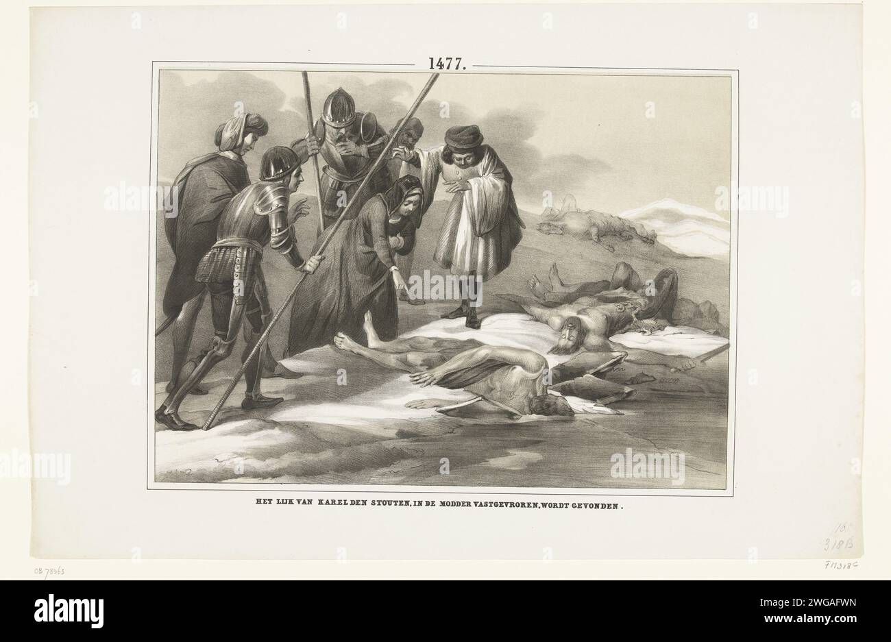 Die Leiche Karls des Großen gefrorenen im Schlamm, 1477, 1853 – 1855 gedruckt die Leiche Karls des Großen gefrorenen im Schlamm, nahe Nancy, 1477. Eine Frau zeigt auf den verstümmelten Körper. Niederlande Papier gewalttätiger Tod, getötet werden, misshandelt und misshandelt werden, Tod suchen (+ Finden von Toten oder Sterbenden) Nancy Stockfoto