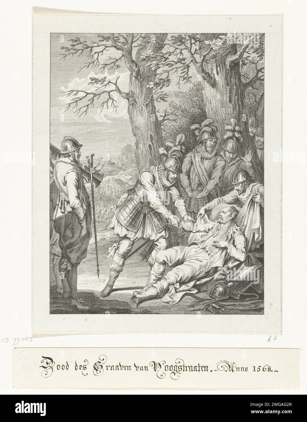 Tod des Grafen von Hoogstraten, 1568, 1779 Drucken Tod des Grafen von Hoogstraten, unter Soldaten, gehalten von Prinz Wilhelm I., 11. Dezember 1568. Dritter Gesang. Nordholländische Papierätzung stirbt Stockfoto