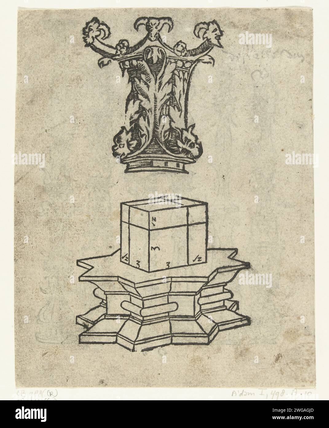 Kapiteeel und Keller, 1500 - 1568 Druck am unteren Rand der schematischen Struktur eines Untergeschosses. Darüber hinaus eine Kopie an die Hauptstadt mit dem Ramskop und den beiden Maskarons aus einer früheren Ausgabe dieser Serie (veröffentlicht 1538). Blatt aus Serie von 56 (?) Klingen. Deutschland (möglicherweise) Papier Stockfoto