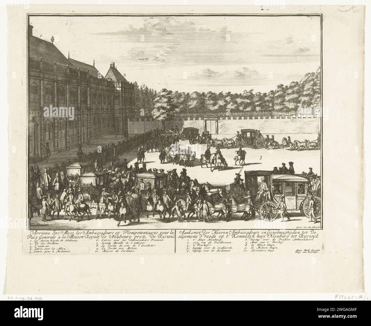 Ankunft der Botschafter in Rijswijk, 1697, 1697 Drucken Ankunft der Wagen mit den Botschaftern im Ter-Nieuburch-Haus in Rijswijk für die Friedensverhandlungen, 20. Mai 1697. In der Überschrift titels and Legends 1-10 auf Französisch und Niederländisch. Ein Teil der Serie von 15 Drucken über das Ter Nieuburch-Haus in Rijswijk und die dort geführten Friedensverhandlungen, die zum Frieden von Rijswijk führten, wurde am 20. September 1697 geschlossen. Druckerei: Northern Netherlandspublisher: The Haager Papier ätzt Ankunft und Rückkehr  Reisen. Willkommen  Traveling House Ter Nieuburch Stockfoto