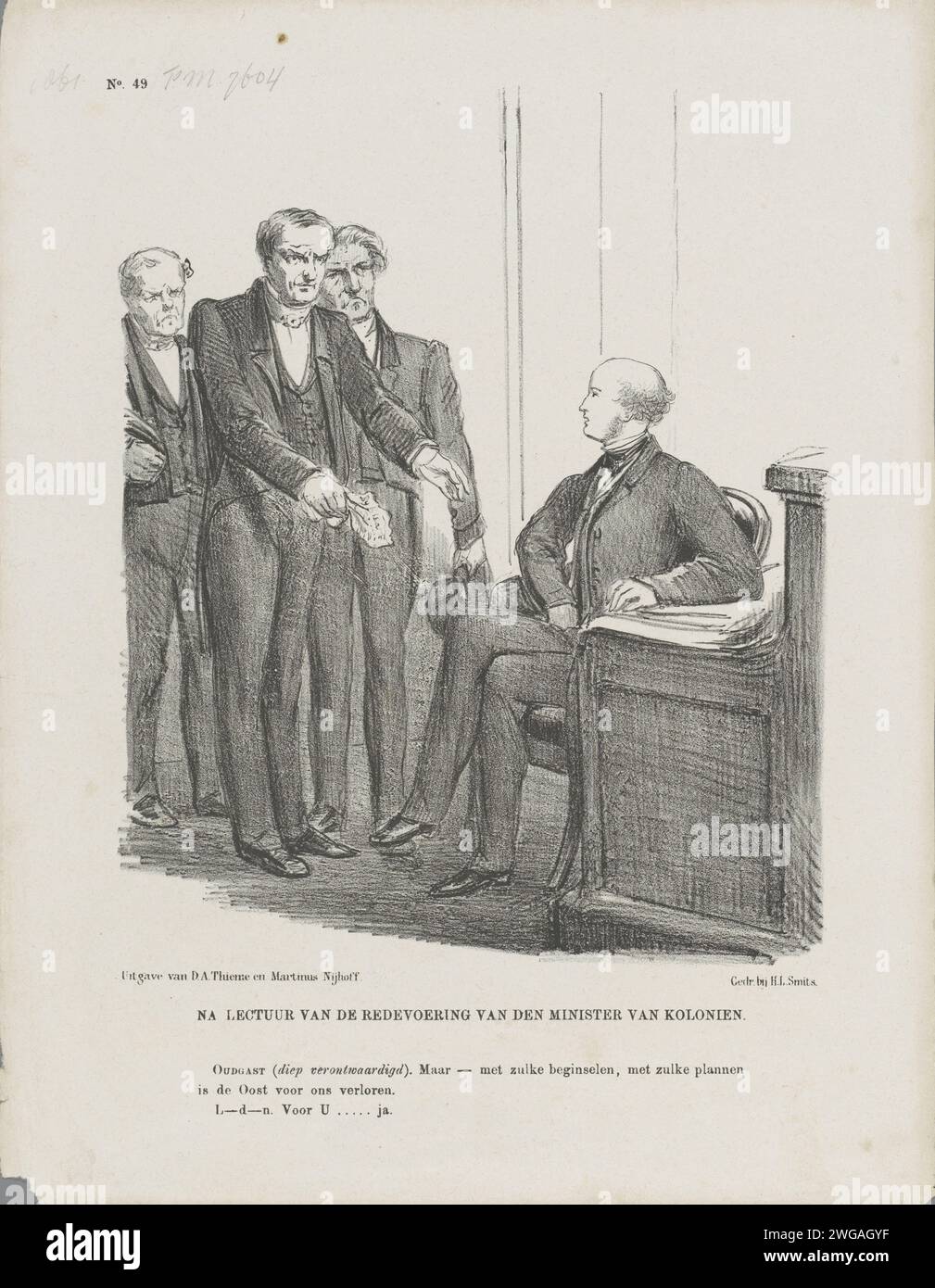 Cartoon on the Plans of the Minister of Colonies, 1861, 1861 Print Cartoon on the Plans of the Minister of Coloniën James Loudon. Drei empörte Männer beschweren sich beim Minister über den Verlust der Ostindien. Plaat trat beim Weekblad de Nederlandsche Spectator auf, nein 49, 7. Dezember 1861. Druckerei: Niederlandsprinter: Niederlandspublisher: Arnhempublisher: Die Haager Zeitung Niederländisch-Indien, die Stockfoto
