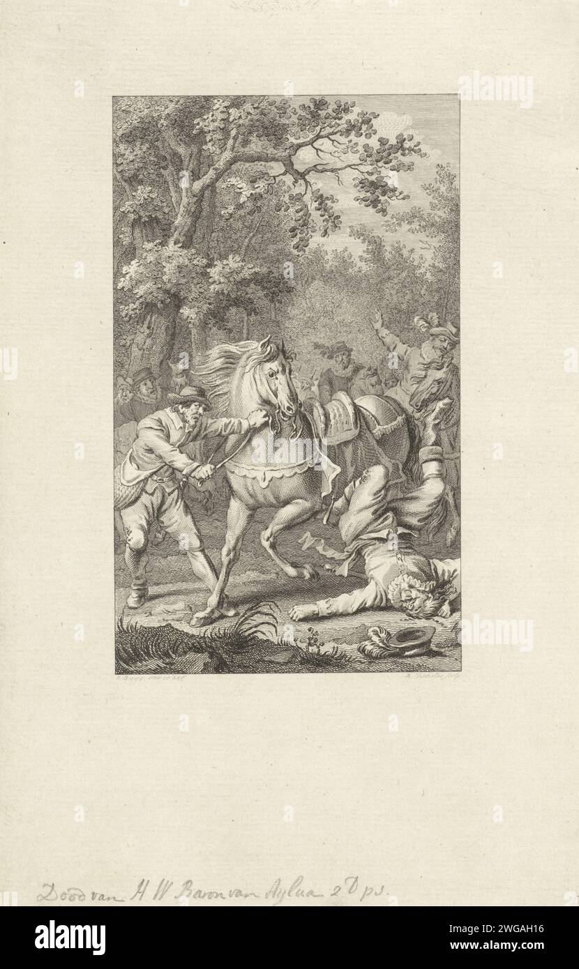 Tod von Hans Willem, Baron van Aylva, 1691, Reinier Vinkeles (I), nachdem Jacobus kauft, 1785 Druck Hans Willem, Baron van Aylva, fällt von seinem Pferd, 1691. Wenige Tage nach seinem Sturz starb der Generalmajor, der „der enorme General“ genannt wurde. Amsterdamer Papierätzung stirbt an den Folgen eines Sturzes Stockfoto
