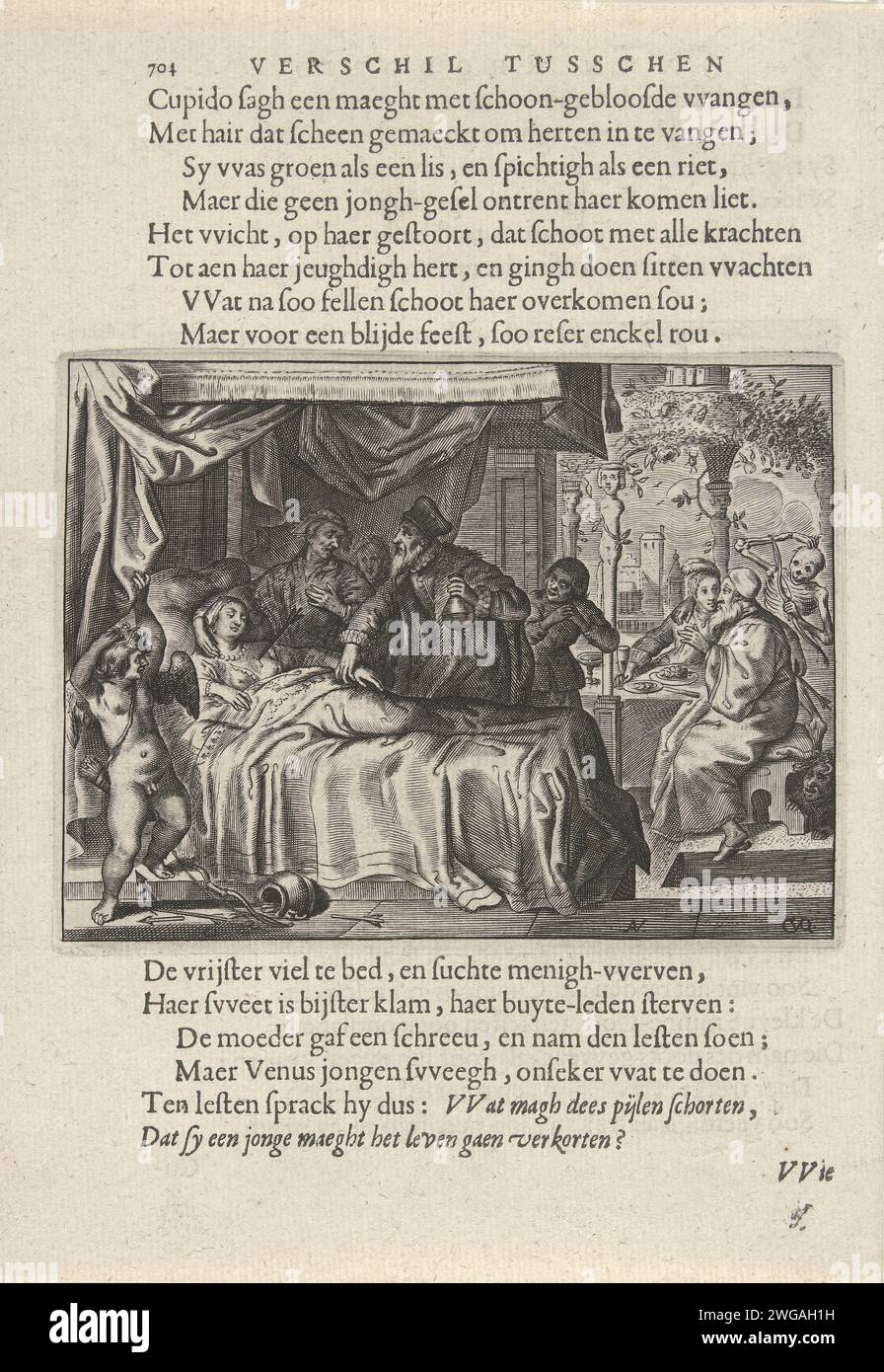 Cupido und eine sterbende Jungfrau, Crispijn van den Queborn, nach Adriaen Pietersz van de Venne, 1637 Druck Cupido hat einen Pfeil in das Herz einer jungen Frau geschossen und beobachtet, wie sie stirbt. Ein Arzt spürt ihr Handgelenk und hält eine Flasche mit Flüssigkeit in der Hand. Im Hintergrund ein Tisch-verschwendetes Liebespaar, dessen Mann ein Pfeil, der ihn tötete, in seinem Rücken hat. Der Tod kratzt sich am Schädel, weil der Mann nicht tot gefallen ist, sondern verliebt ist. Der Text am Druck zeigt, dass die Pfeilbündel von Cupido und Tod ausgetauscht wurden, so dass die junge Frau stirbt und der alte Mann verliebt ist. Der Hag Stockfoto