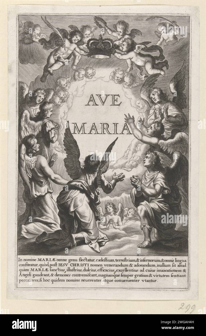 Gruppe Engelen ist bereit für die Krönung von Maria, Cornelis Galle (I) (zugeschrieben), 1586–1650 Print Titeldruck für eine Serie, die wahrscheinlich aus vier Drucken mit verschiedenen Aufführungen der stehenden Maria besteht, umgeben von Engelen. Eine Gruppe von Engeln hat sich versammelt, um Maria zu krönen. Die Engel halten eine Krone, einen Palmenzweig und einen Lorbeerkranz. Unter der Show ein lateinischer Text über Maria. Südholländische Papiergravur der Krönung Mariens durch einen oder mehrere Engel Stockfoto Gruppe Engelen ist bereit für die Krönung von Maria, Cornelis Galle (I) (zugeschrieben), 1586–1650 Print Titeldruck für eine Serie, die wahrscheinlich aus vier Drucken mit verschiedenen Aufführungen der stehenden Maria besteht, umgeben von Engelen. Eine Gruppe von Engeln hat sich versammelt, um Maria zu krönen. Die Engel halten eine Krone, einen Palmenzweig und einen Lorbeerkranz. Unter der Show ein lateinischer Text über Maria. Südholländische Papiergravur der Krönung Mariens durch einen oder mehrere Engel Stockfoto