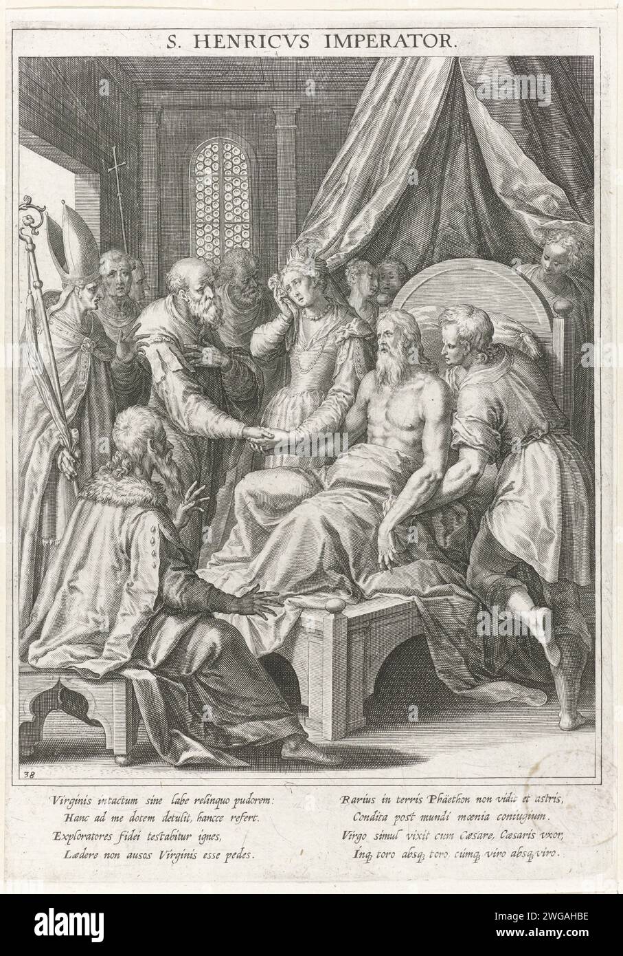 Kaiser Heinrich II. Der Heilige auf seinem Sterbebett, Raphaël Sadeler (I), nach Johann Mathias Kager, 1615 Druck Kaiser Heinrich II. Der Heilige liegt auf seinem Sterbebett. Er erzählt seinen Höfungen, dass seine Frau, die heilige Cunegundes von Luxemburg, noch Jungfrau ist und nach seinem Tod nicht mehr heiraten darf. Der Druck hat eine lateinische Unterschrift und ist der 38. Druck einer 60-teiligen Serie zum Thema der Heiligen von Bayern. Münchner Papierstich / Ätztod, Sterbebett St. Heinrichs. Sterbebett. Cunegunda von Bamberg, Ehefrau von Heinrich II., König von Deutschland; mögliche Attribute: Krone, Kirchenmodell, Pflugschar, Zepter - Stockfoto