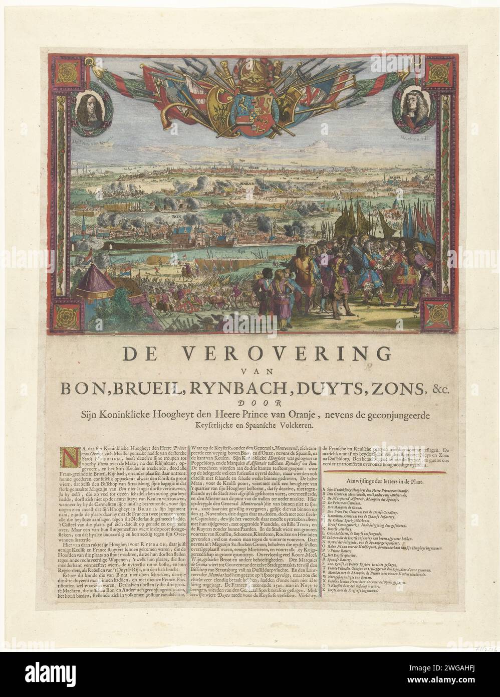 Eroberung Bonns und anderer deutscher Städte durch den Prinzen von Orange, 1673, 1673 Print Eroberung von Bonn, Rheinbach, Brühl und anderen deutschen Städten durch den Prinzen von Orange, 1673. Blick auf die deutschen Städte in einer Vogelflugperspektive am Rhein. Im Vordergrund rechts gratulieren sich Prinz Wilhelm III. Und Graaf Montecuccoli. Oben eine Waffentrophäe um die Waffe des Prinzen, links ein Porträt des Prinzen, rechts das Porträt von Montecuccoli. Unter der Performance eine Beschreibung der Ereignisse und der Legende A-Z in 3 Spalten auf Niederländisch. Nord-Niederlande Stockfoto