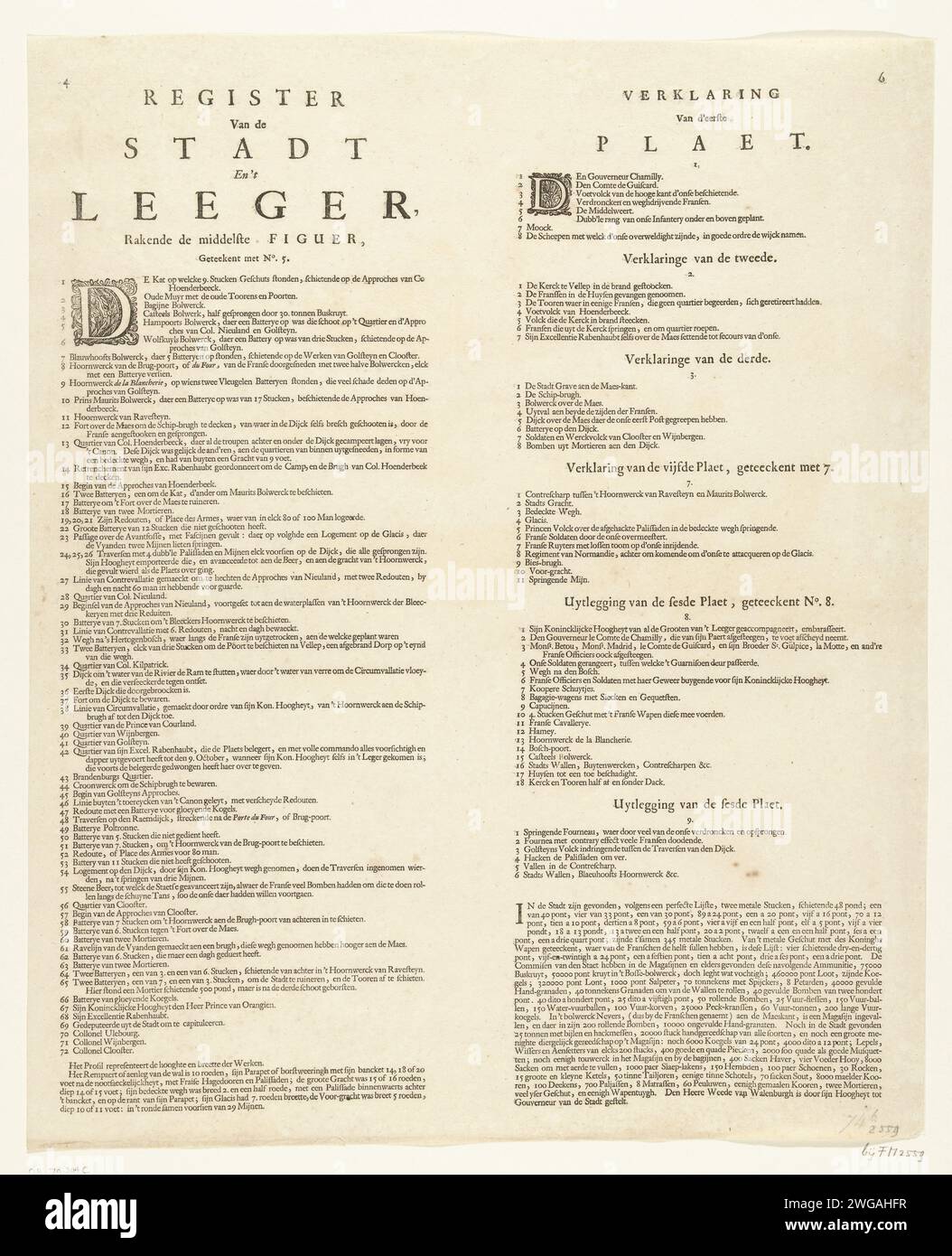 Legende über die Belagerung und Eroberung des Grabes von Wilhelm III., 1674, 1674 Textblatt Legende über die Belagerung und Eroberung des Grabes von Wilhelm III., 25. Juli bis 29. Oktober 1674. Zwei Spalten mit den Nummern 4 und 6. Seite 4 hat die Legende 1-72, Seite 6 die Legenden der Platten 2, 3, 5 und 6. Teil der detaillierten Aufführung und Beschreibung dieser Ereignisse in 2 Blättern mit 1 großen und 6 kleineren Aufführungen. Hiermit auch einige Textmagazine. Amsterdam Papier Buchdruck Grab Stockfoto